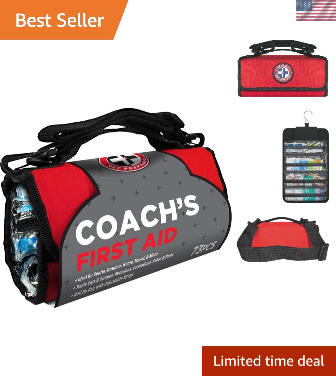 73-Piece Sports First Aid Kit in Lightweight Roll-Up Bag for Coaches & Teams