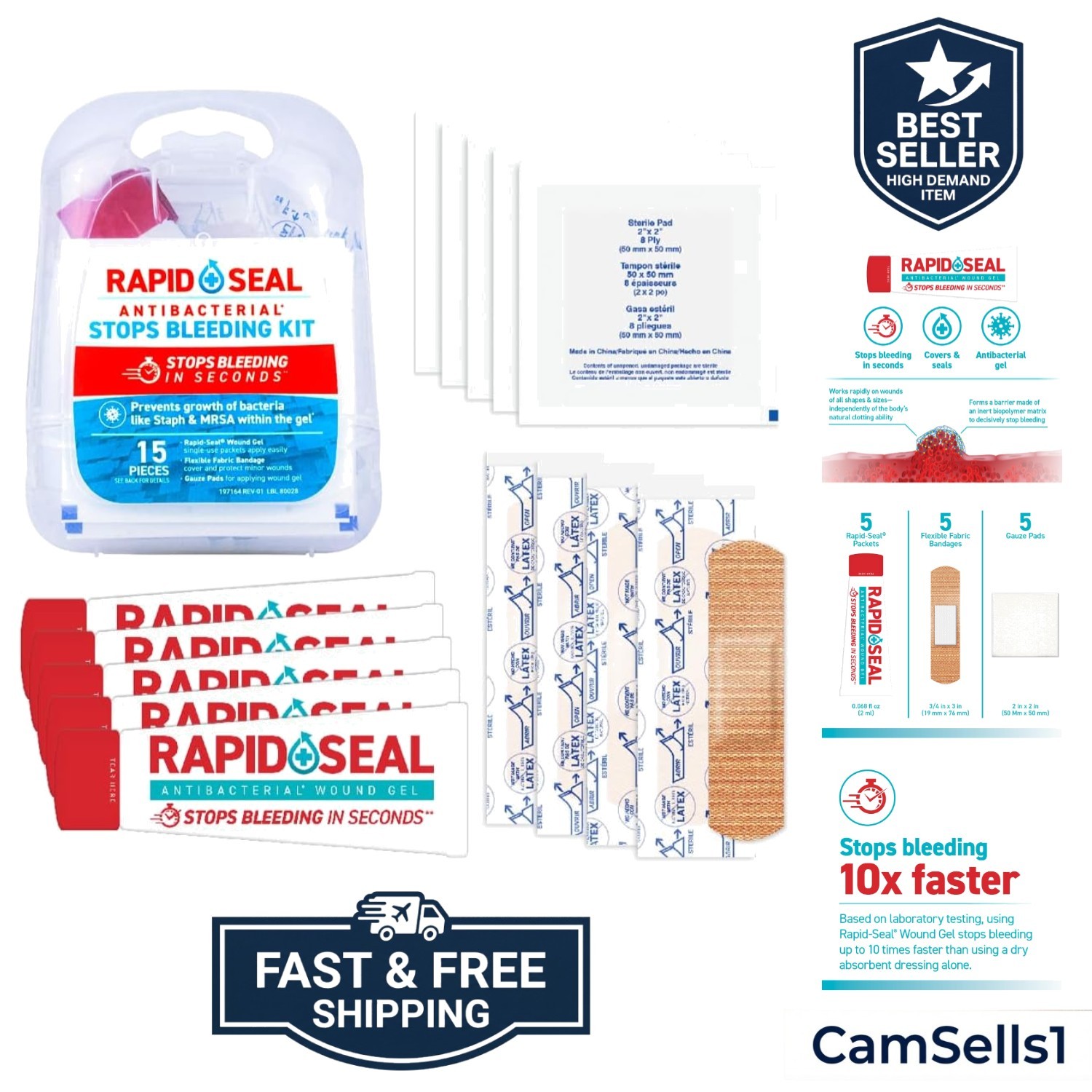 Rapid Seal 15pc Hemostatic First Aid Wound Care Kit | Stops Bleeding in Secon…