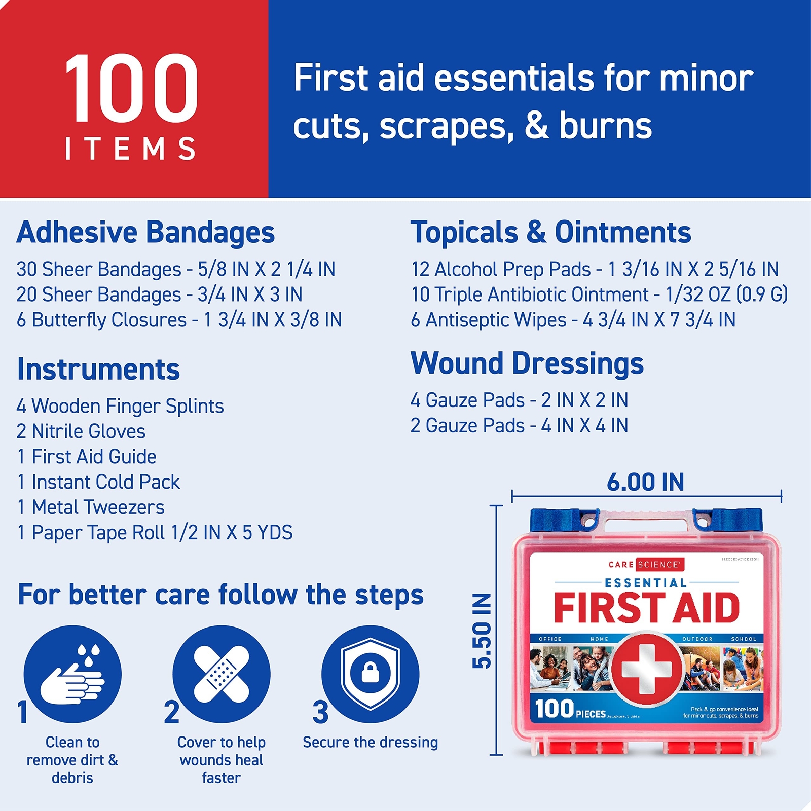 Care Science First Aid Kit, 100 Pieces | Professional Use for Travel, Work, S…