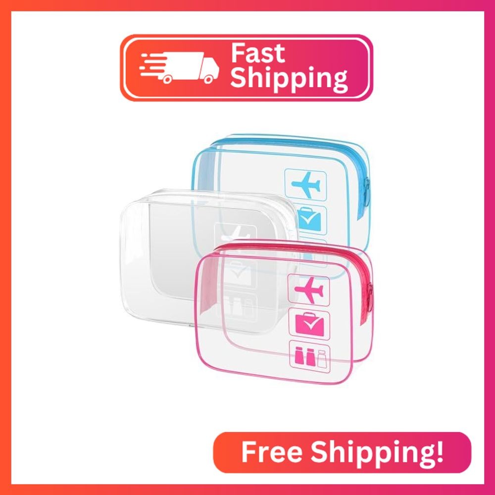 Sogiv 3Pcs TSA Approved Clear Travel Toiletry Bag, Unisex, White+Blue+Pink, 8.3