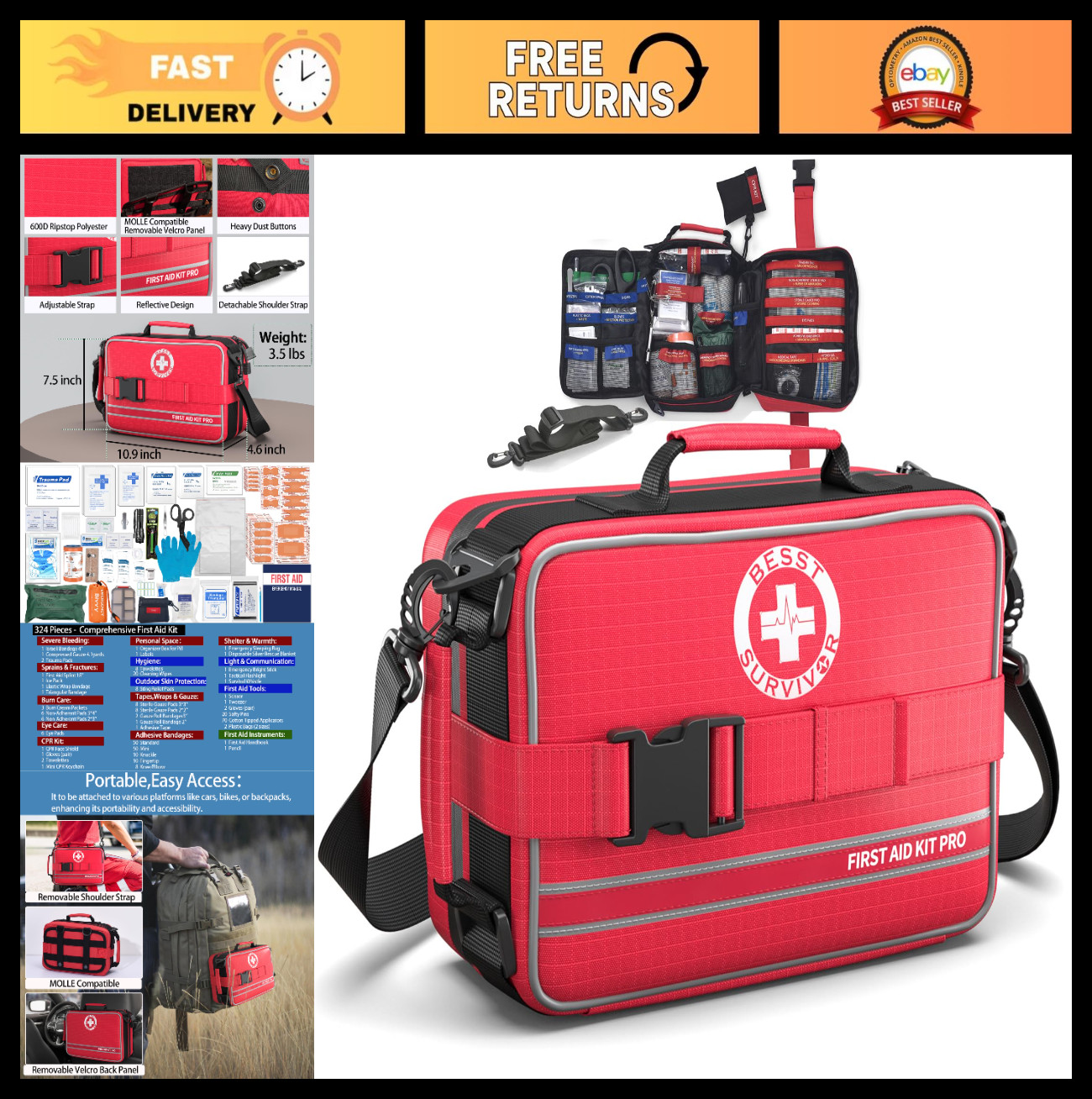 Comprehensive 324-Piece First Aid Kit – Waterproof Emergency Trauma Supplies for