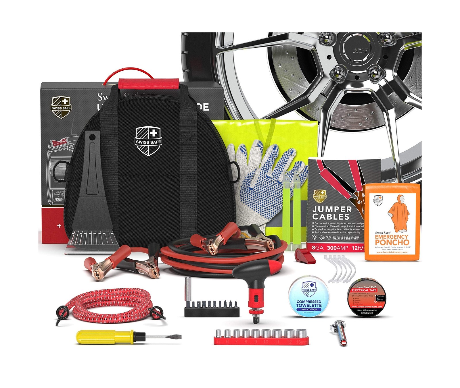 Swiss Safe 2-in-1 Car Emergency Kit | 12-FT Heavy-Duty Jumper Cables & 378-Pi…