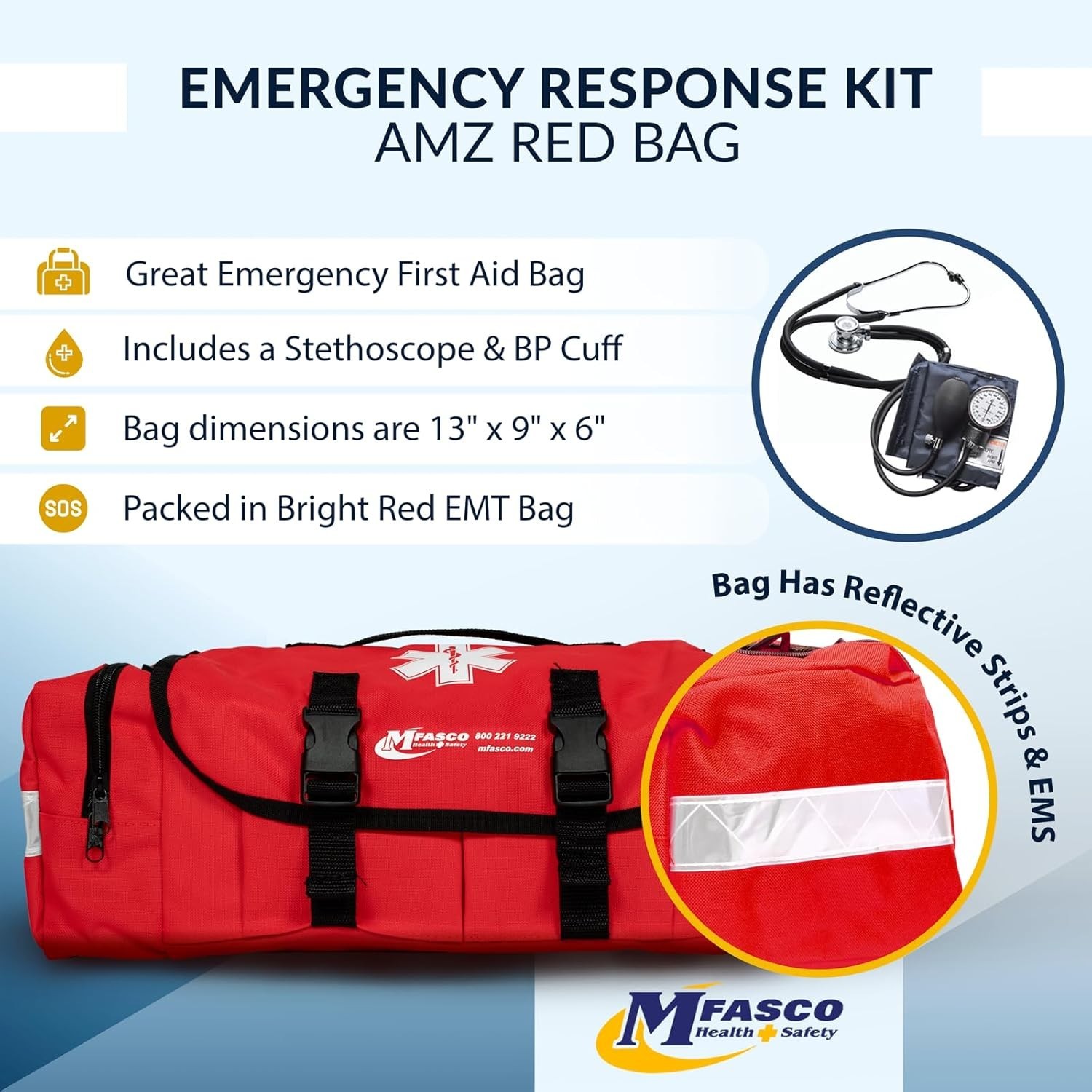 MFASCO First Aid Kit – Fully Stocked Portable Reflective Bag -First Responder Em