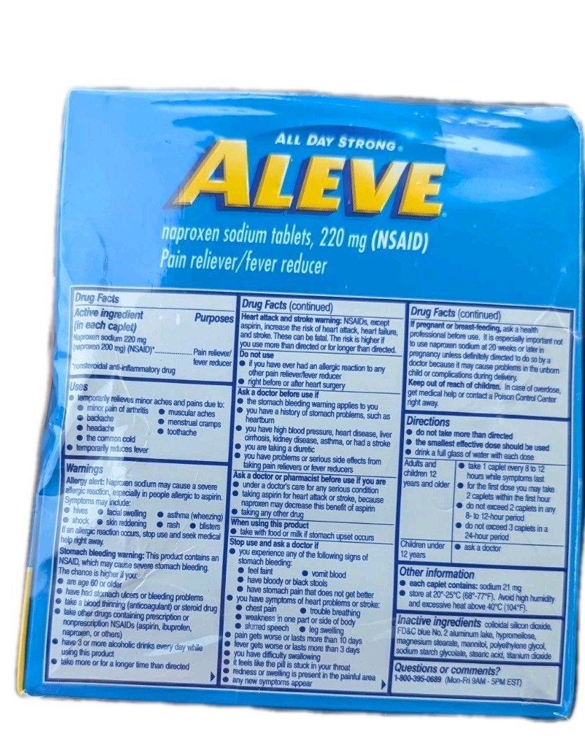 ALEVE Pain Reliever, 60 – 1 Caplet Pouches, Dispenser, Fever Reducer, Free Shipp