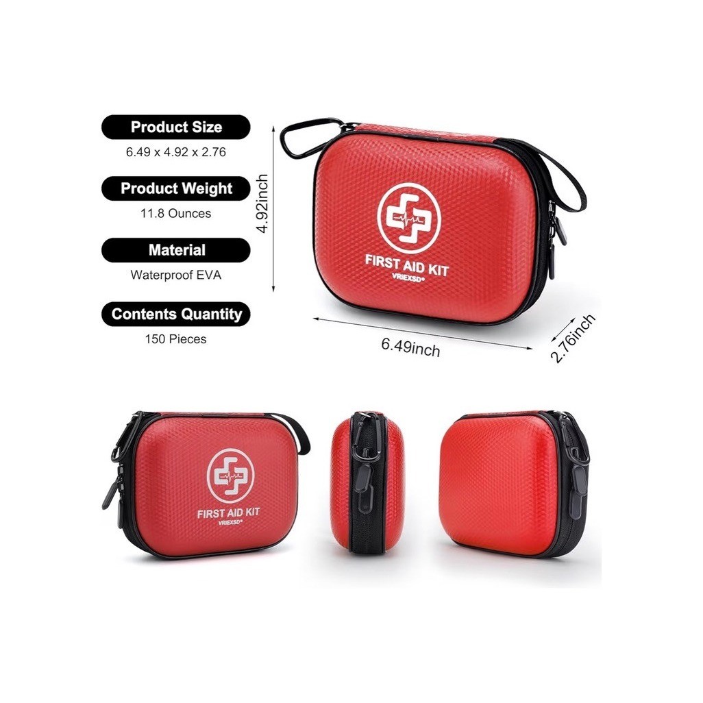 VRIEXSD 150 Piece Mini First Aid Kit Red Waterproof EVA Case Emergency Medical