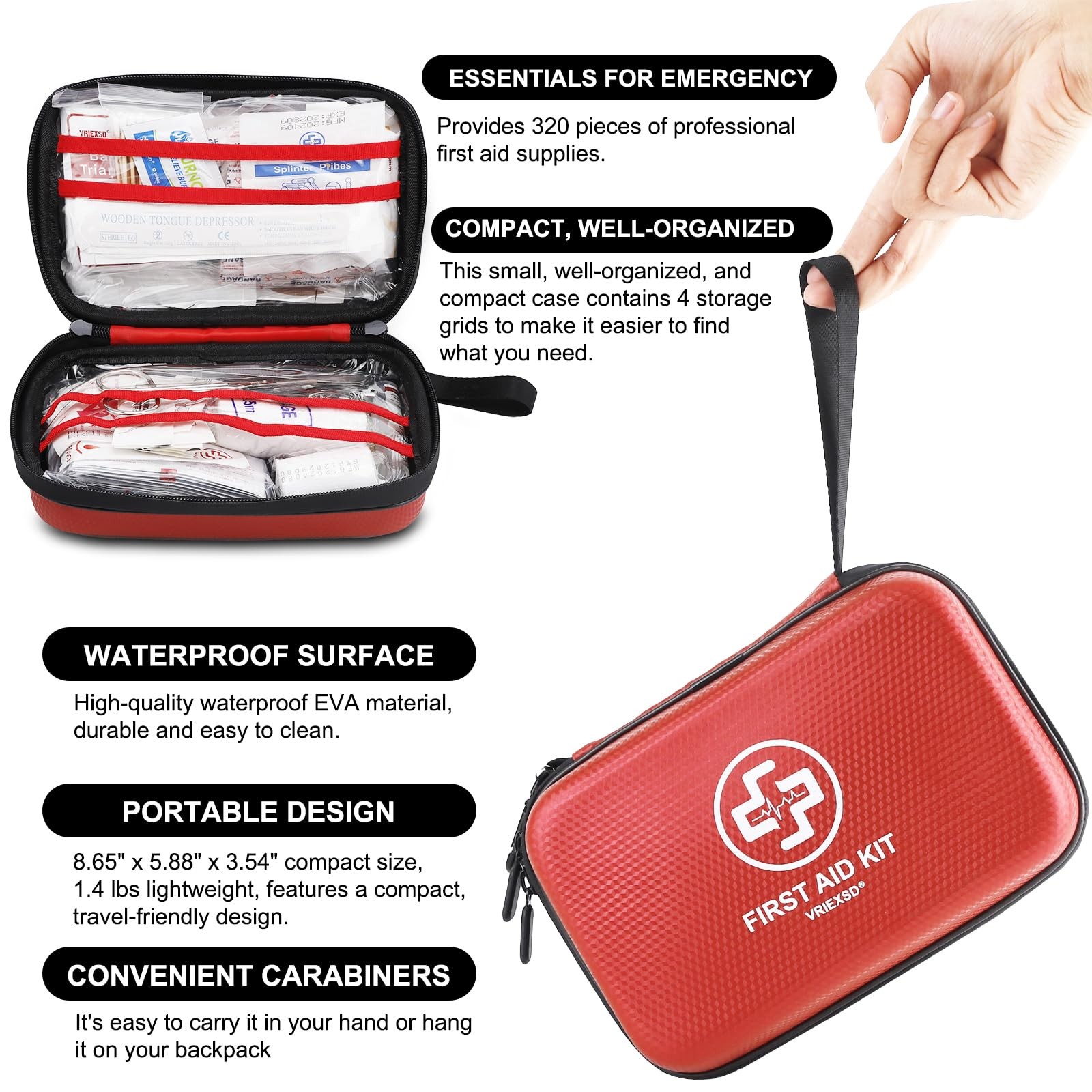 VRIEXSD Premium First Aid Kit, 320 Piece Waterproof Hard Shell Eva Red
