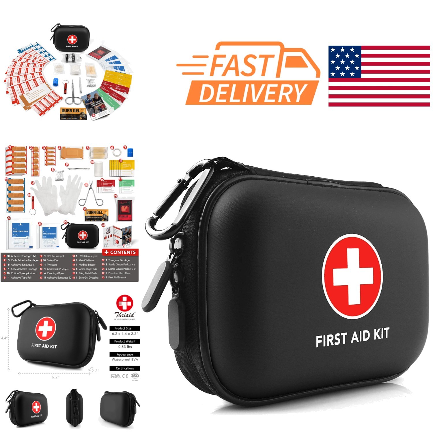 Lightweight First Aid Kit 100 Pieces Compact Black Case for Outdoor Activities
