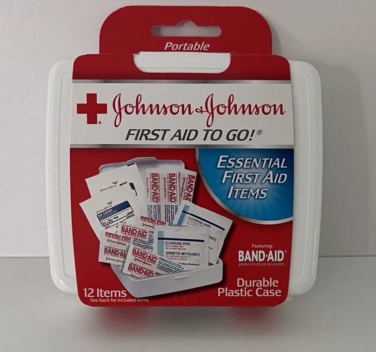 Johnson and Johnson First Aid to Go Plastic Travel Mini Case 12 Items NEW