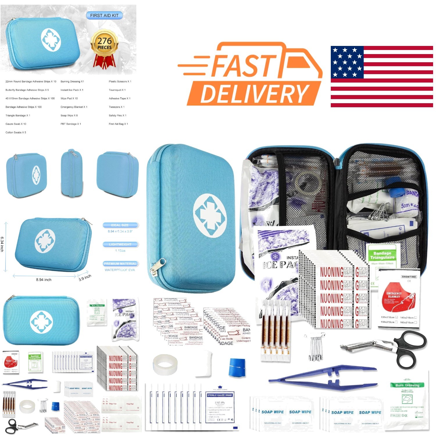 Small Travel First Aid Kit 276 Pieces Lightweight Portable with Key Essentials
