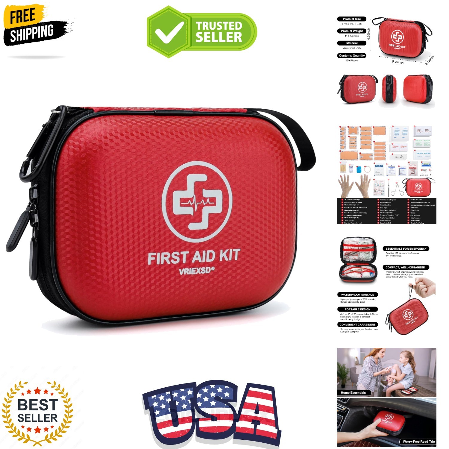 Mini First Aid Kit – 150 Piece Small Waterproof Hard Shell Medical Kit for Ho…