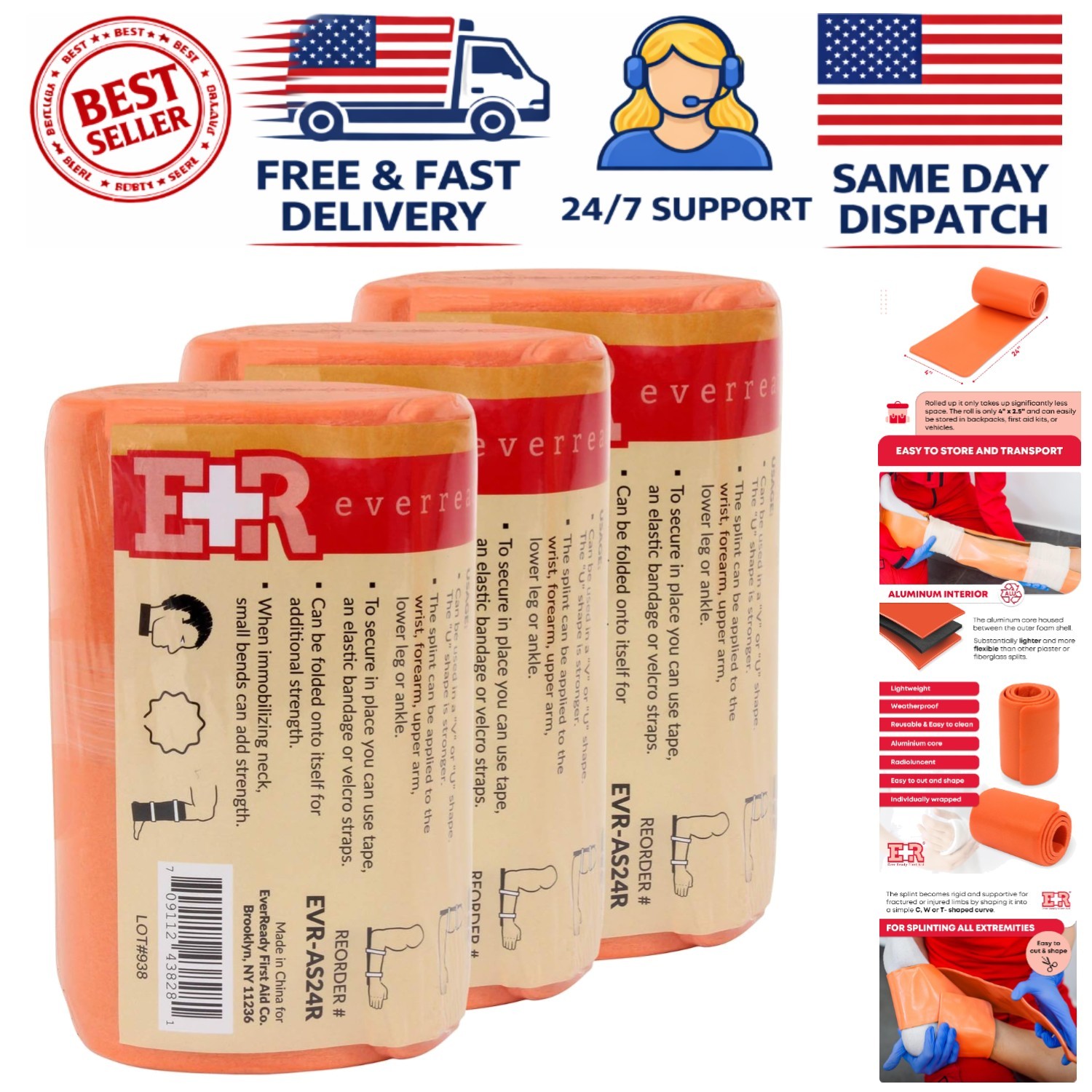 Conveniently Rolled 24 Inch Aluminum Splint – Reusable & Easy to Cut – 3 Pack