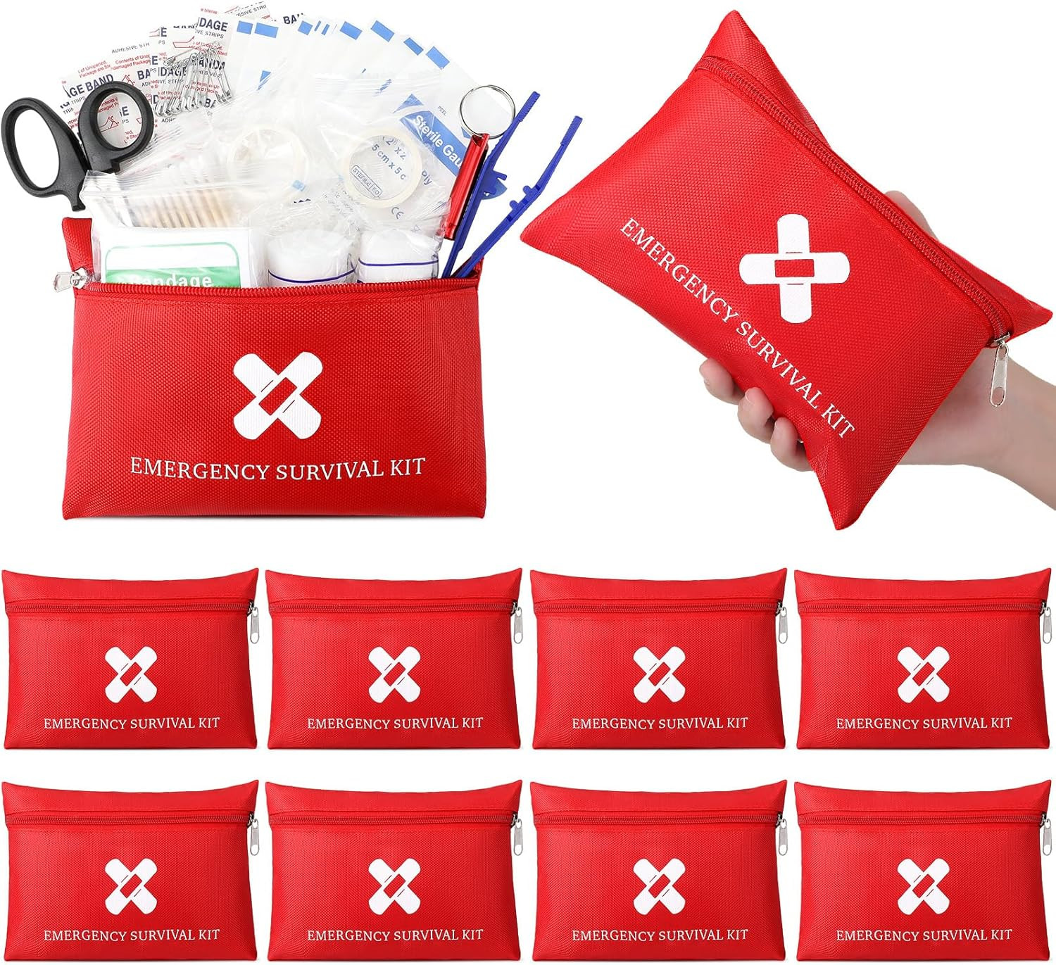 10 Mini First Aid Kits, 91 Items Each, Travel Emergency Supplies, 7.9×5.5 in Set