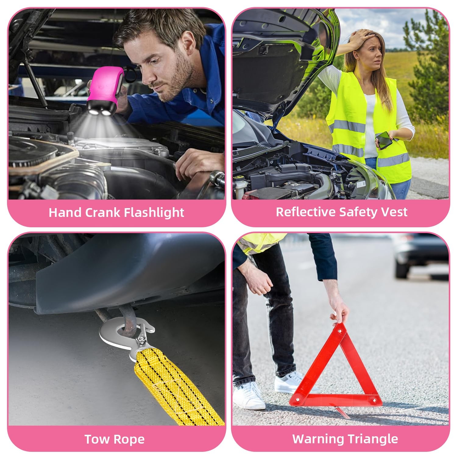 VEIYIE Roadside Emergency Car Kit for Essential + Repair Tool Set, Pink