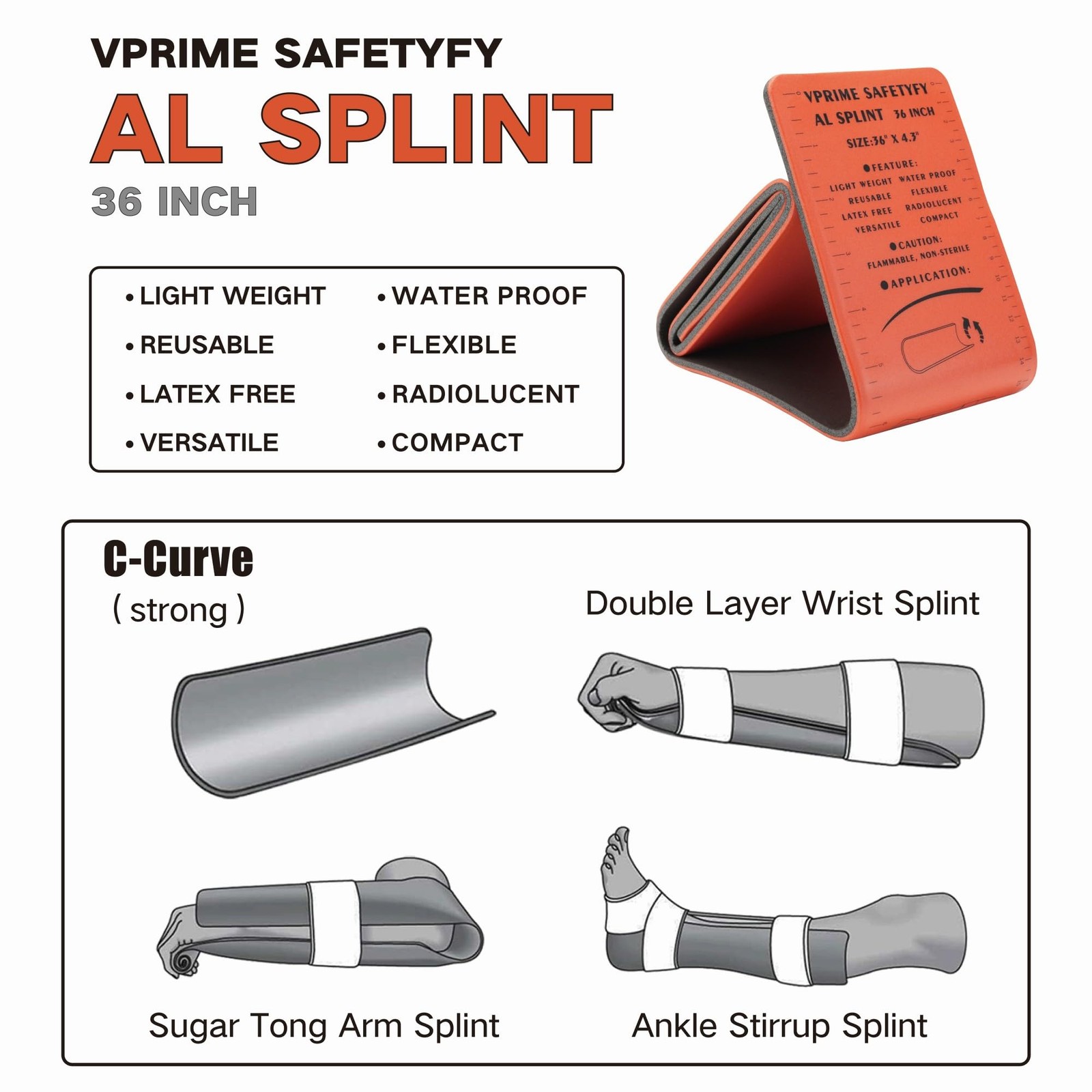 First Aid Splint 36" X 4.3" Orange -Waterproof First Aid Medical Tactical Fie…