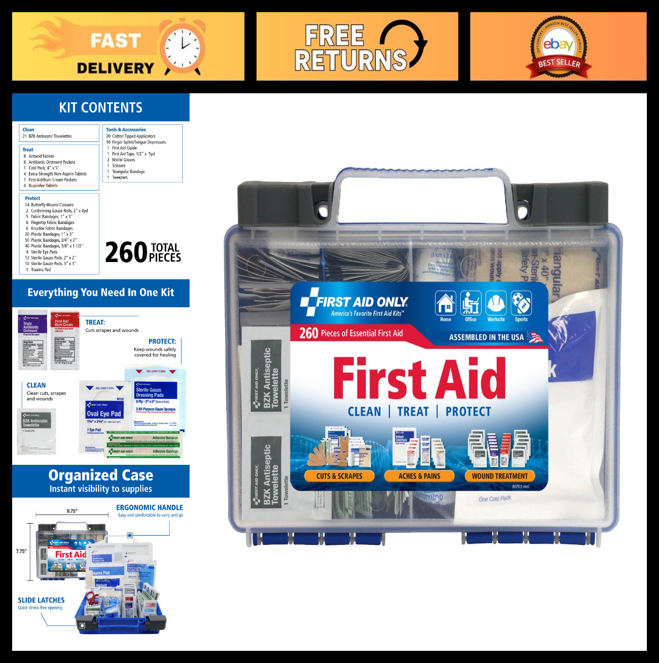All-Purpose 50-Person OSHA-Compliant First Aid Kit – 260 Pieces for Home, Work &