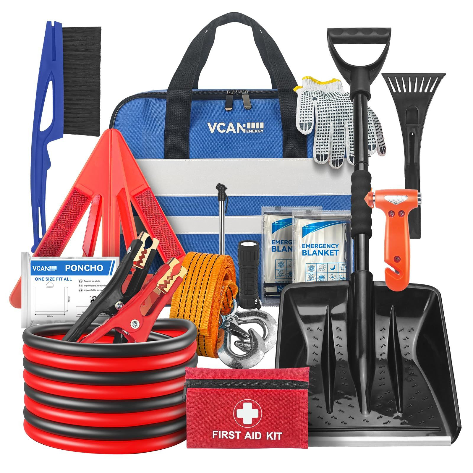 VCANENERGY Car Emergency Kit with Jumper Cable, First Aid Kit, Winter Blue