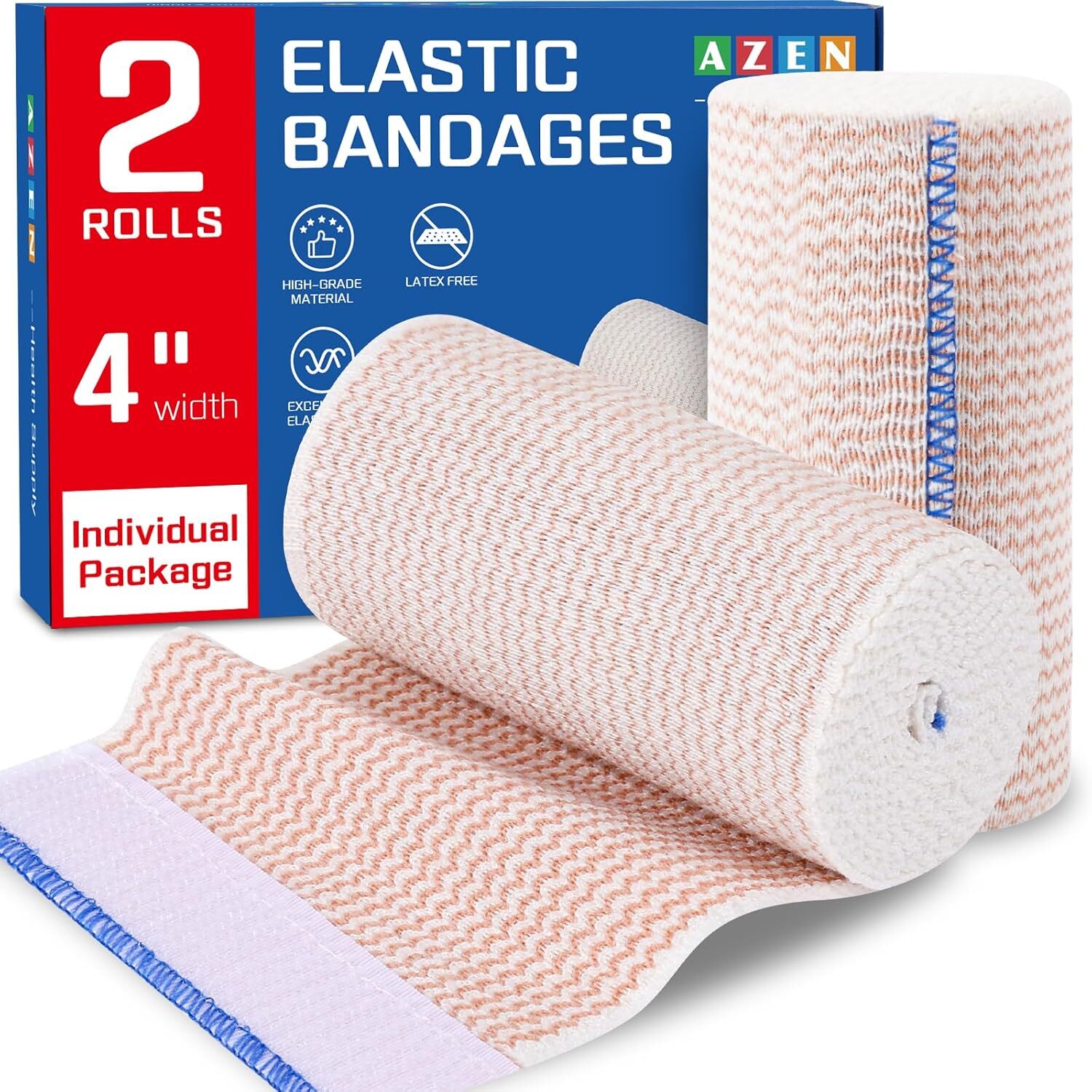 AZEN 4in Premium 2 Pack Elastic Bandage Wrap, Compression Wrap A-2p