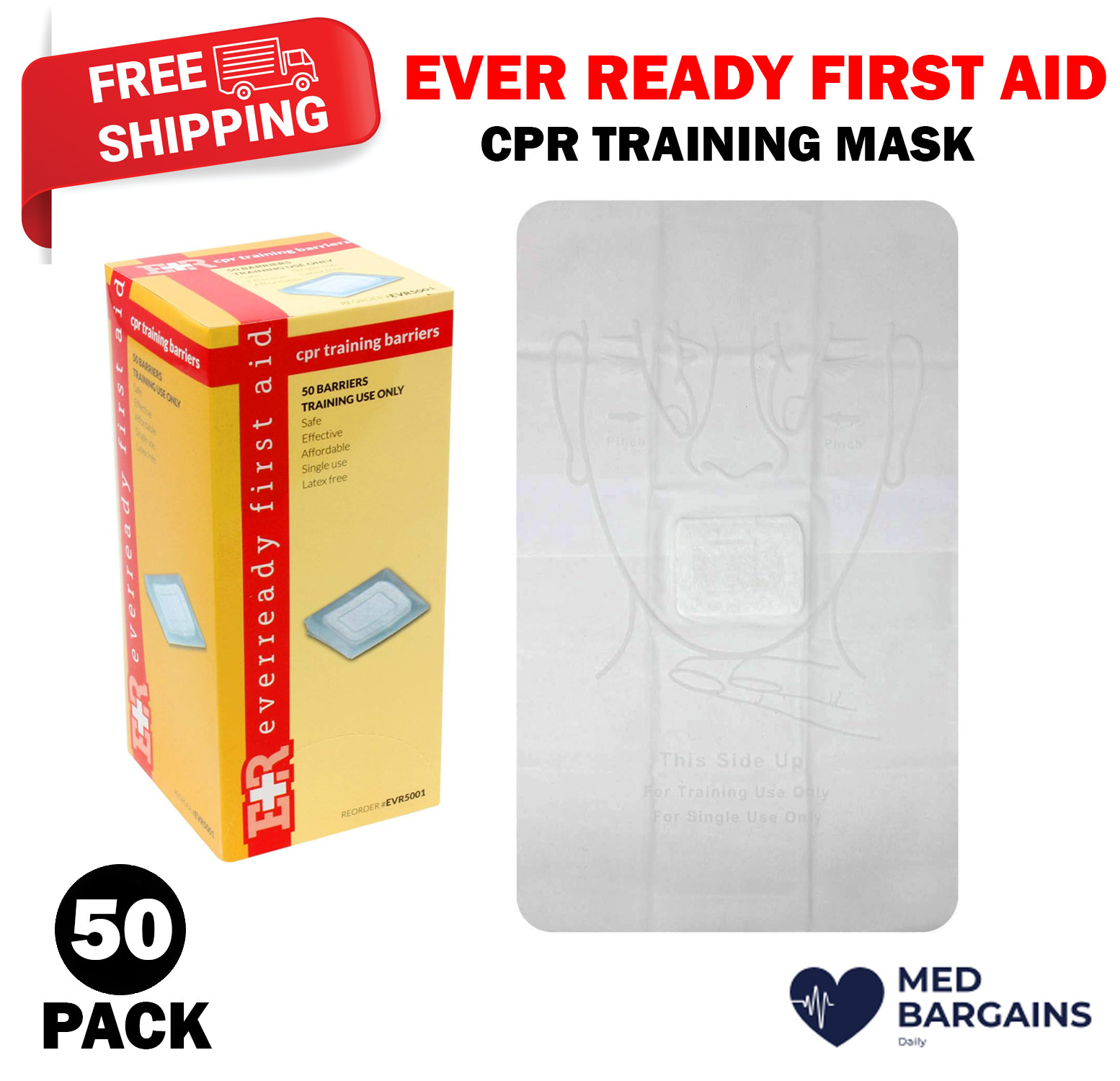 50PCS Ever Ready First Aid Latex Free CPR Training Practice Manikin Face Shields