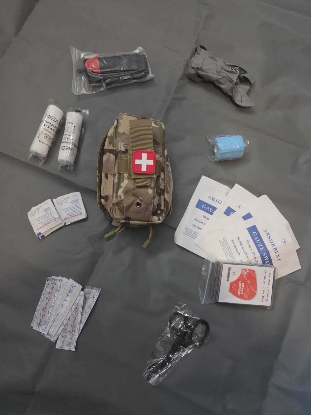 Multicolor Camo MOLLE Portable First Aid Kit Pouch w/ Gauze, Tape, Shears