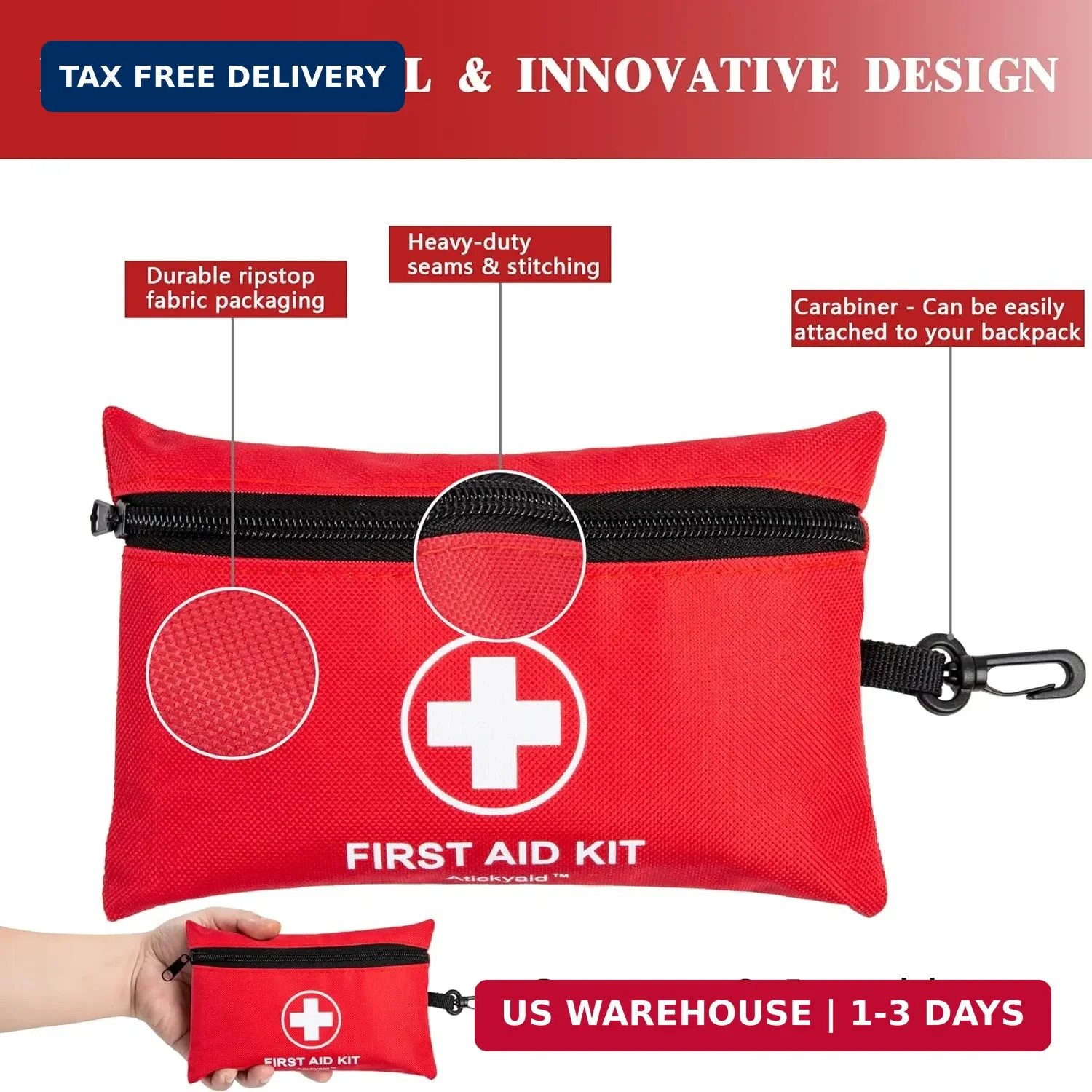 Atickyaid Mini First Aid Kit – 140 Piece Small First Aid Medical Kit for Car, Ho