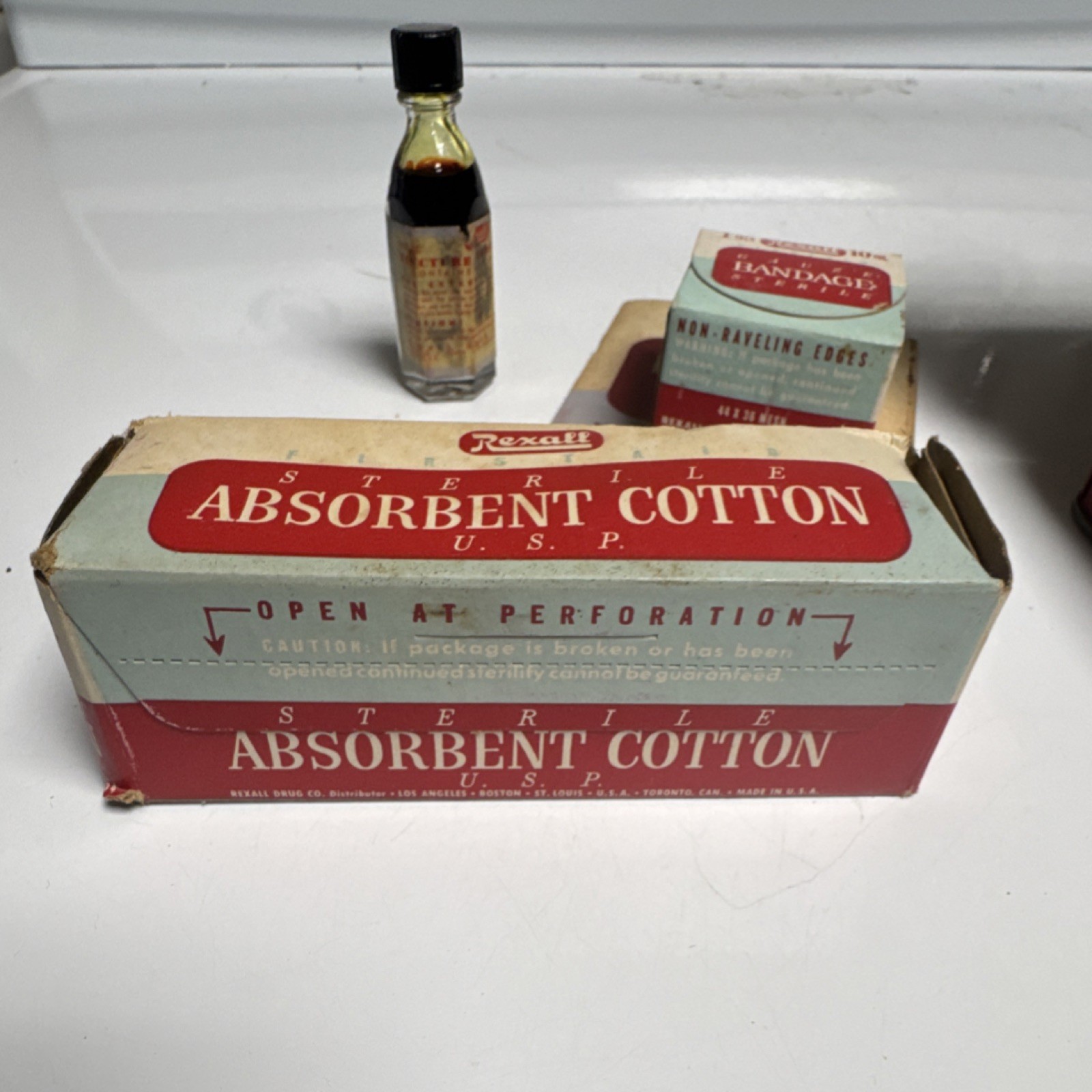 Vintage Rexall W 505 First Aid Set Red Portable Kit with Manual, Pads, Bandage