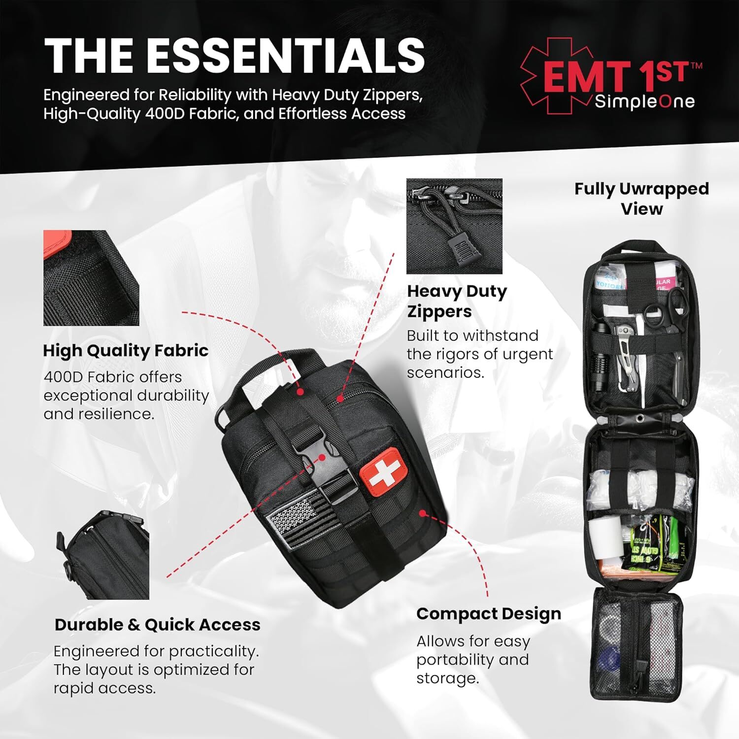 Black Emergency First Aid Kit-250 Piece Outdoor Gear for Survival Bug Out Bag