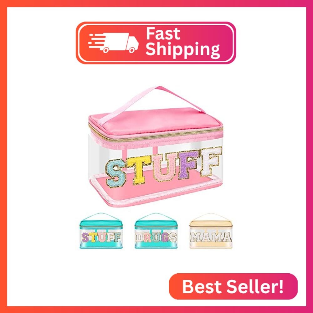 Iqimott Preppy Clear Makeup Bag Stuff Pouch, Chenille Letter Cosmetic Bag for Wo