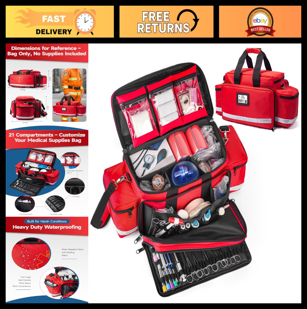 Large Empty First Aid Bag 26" – Water-Resistant EMT Medical Kit, Reflective, 4 D