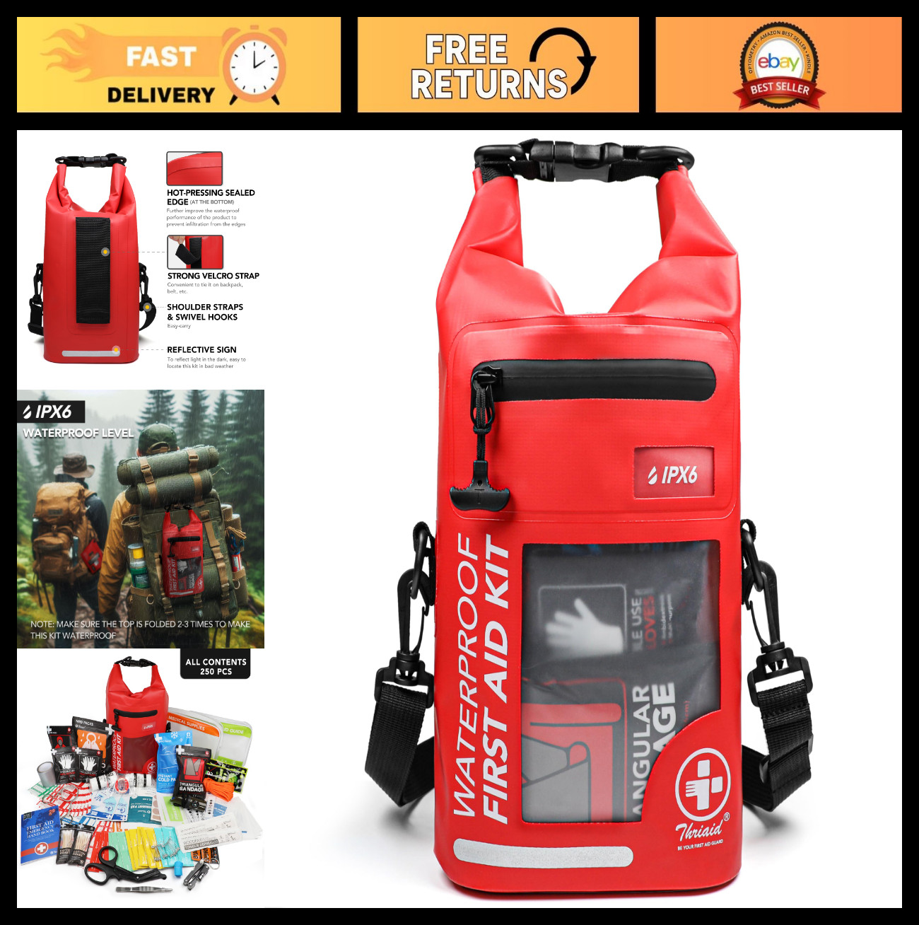 250 PCS Waterproof First Aid Kit & Reflective Dry Bag – Emergency Medical Kit fo