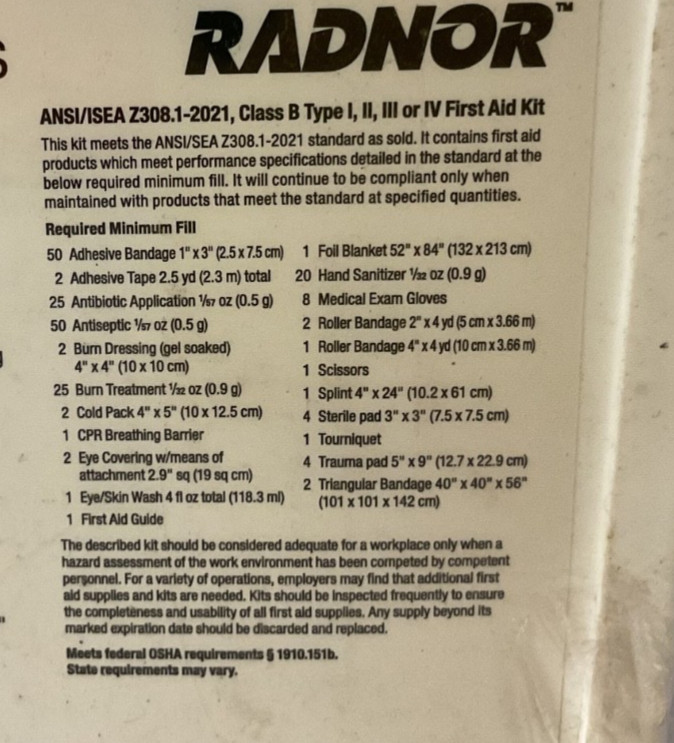 50 Person Radnor First Aid Kit Class B ANSI Compliant RAD64058055 Plastic Case