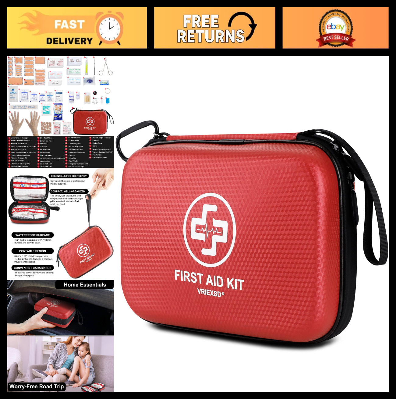 320-Piece Waterproof First Aid Kit – Hard Shell for Home, Camping, Travel & Emer
