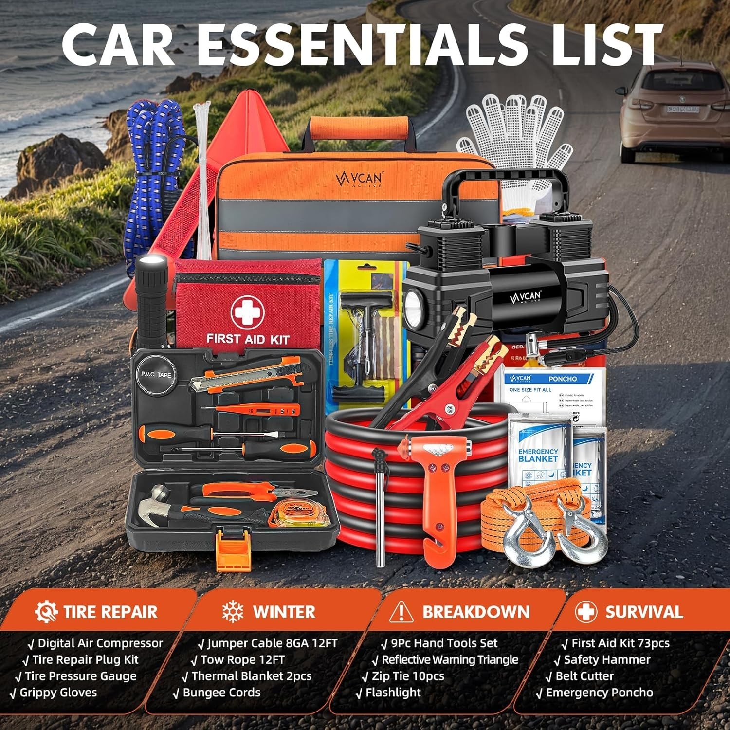 Car Emergency Kit with Portable Air Compressor, First Aid Kit, Jumper Cables, Ro