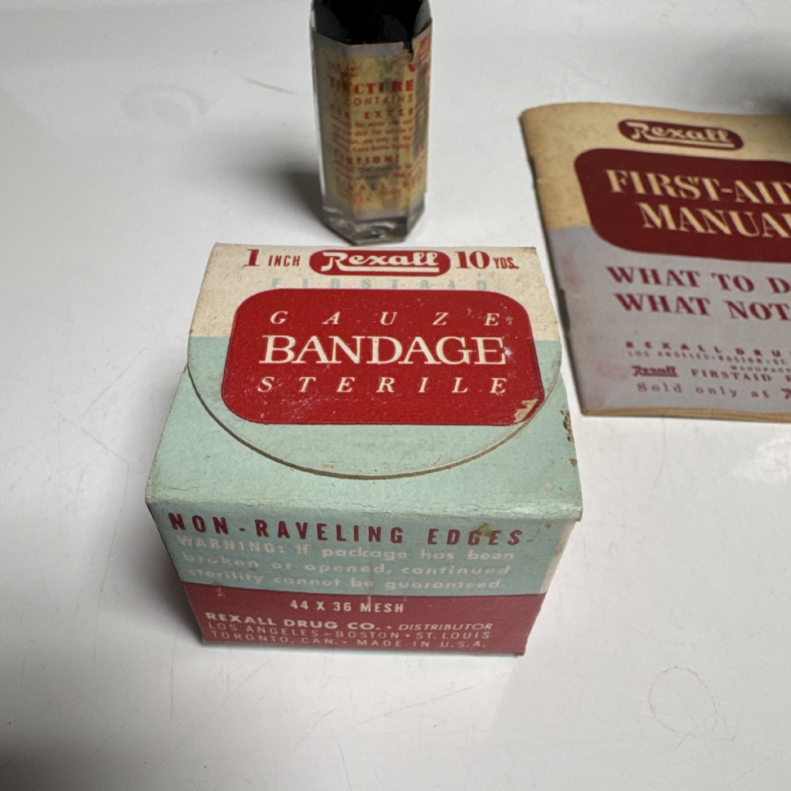 Vintage Rexall W 505 First Aid Set Red Portable Kit with Manual, Pads, Bandage