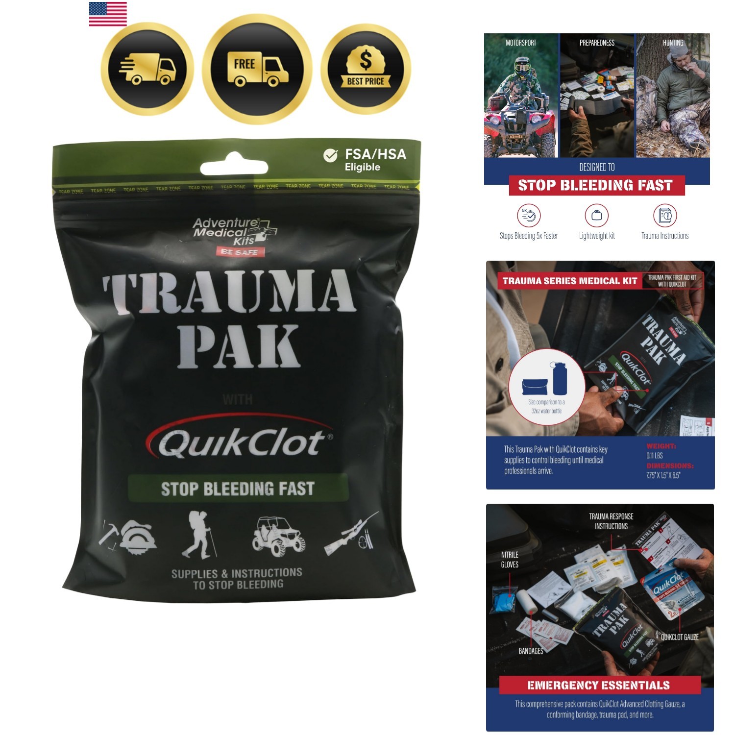 Trauma Pak First Aid Kit with QuikClot Sponge, black, one size