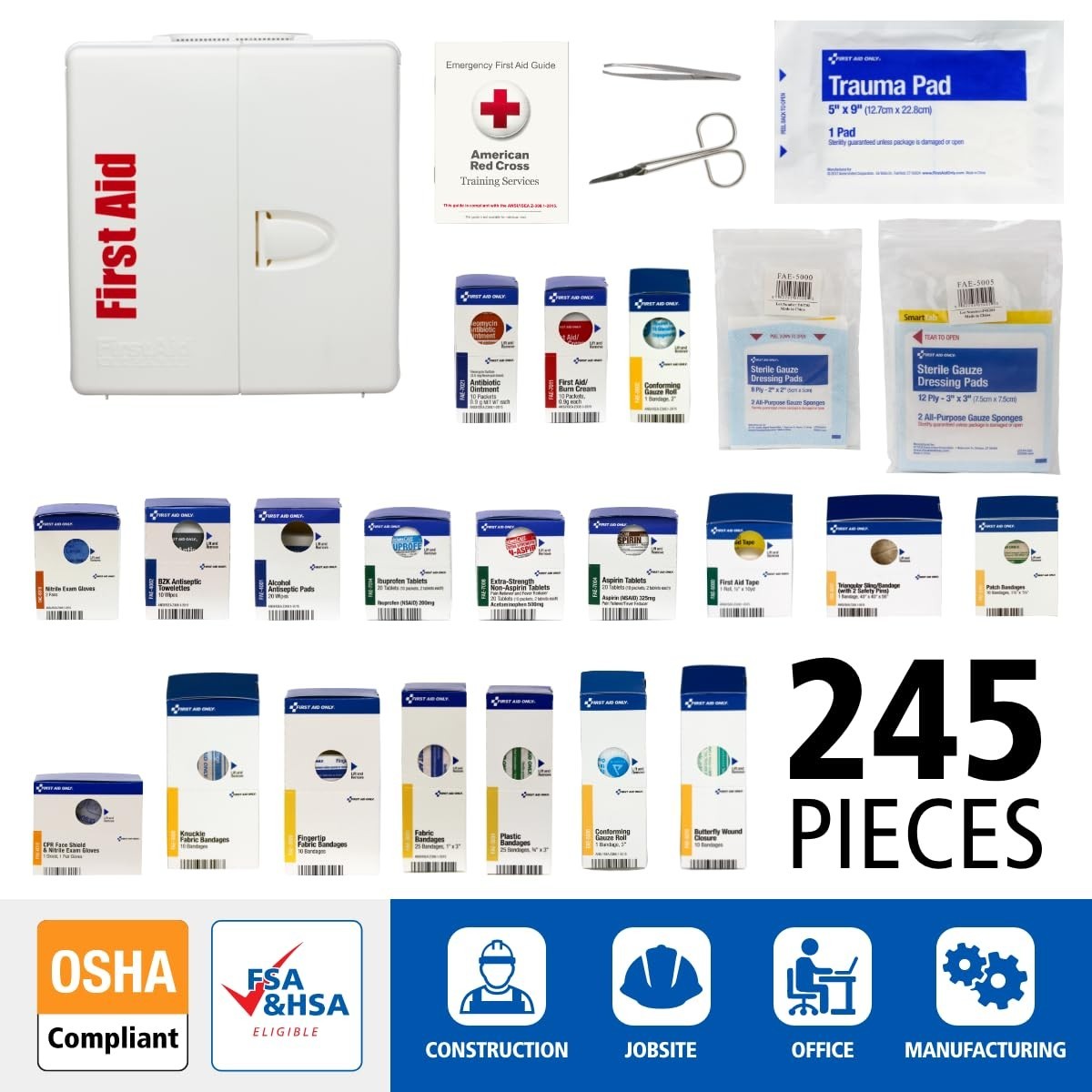 Durable 50-Person OSHA First Aid Kit – 245 Pcs SmartCompliance Plastic Cabinet
