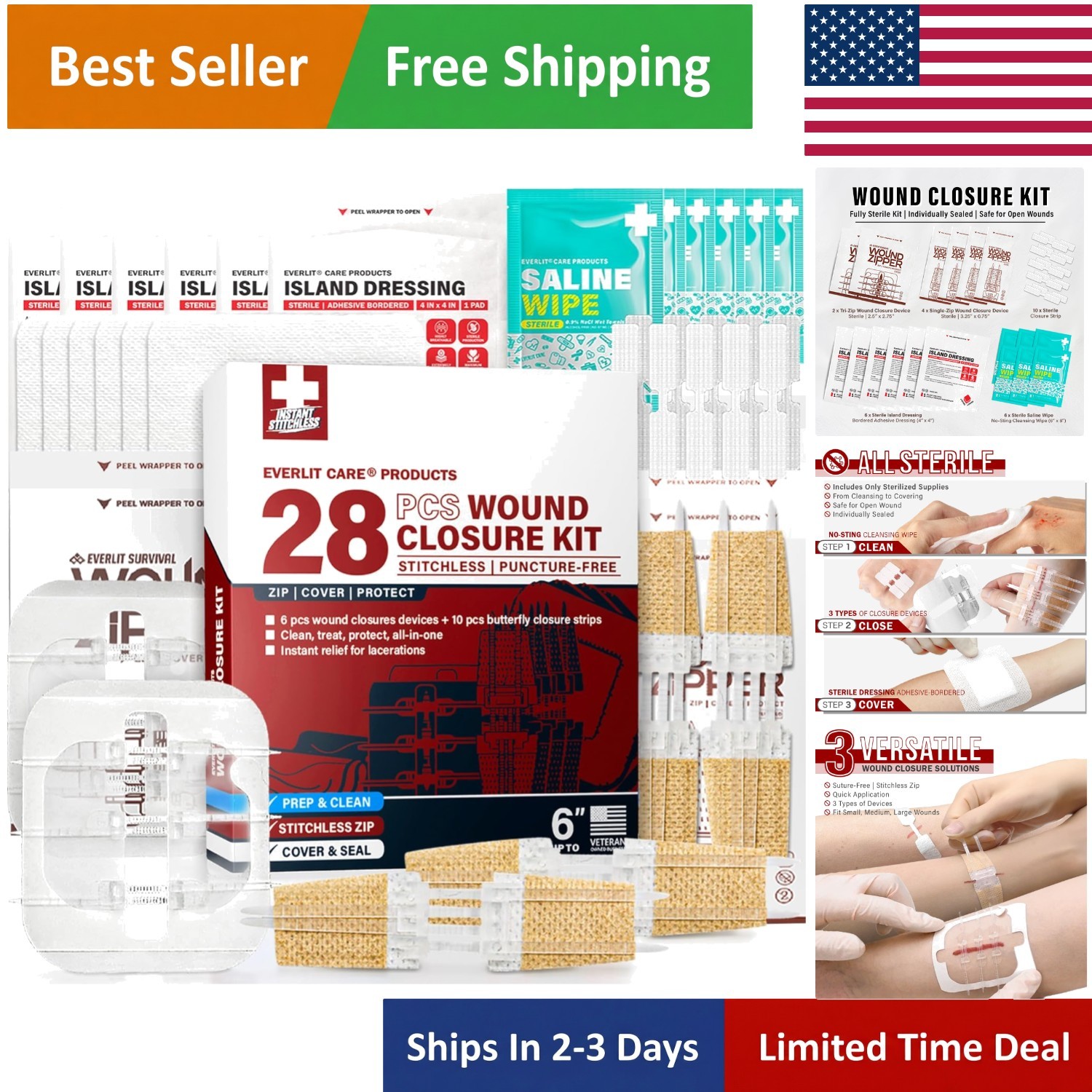 All-in-One 28 Pcs Wound Closure Kit with Suture-Free Zip Devices & Bandages