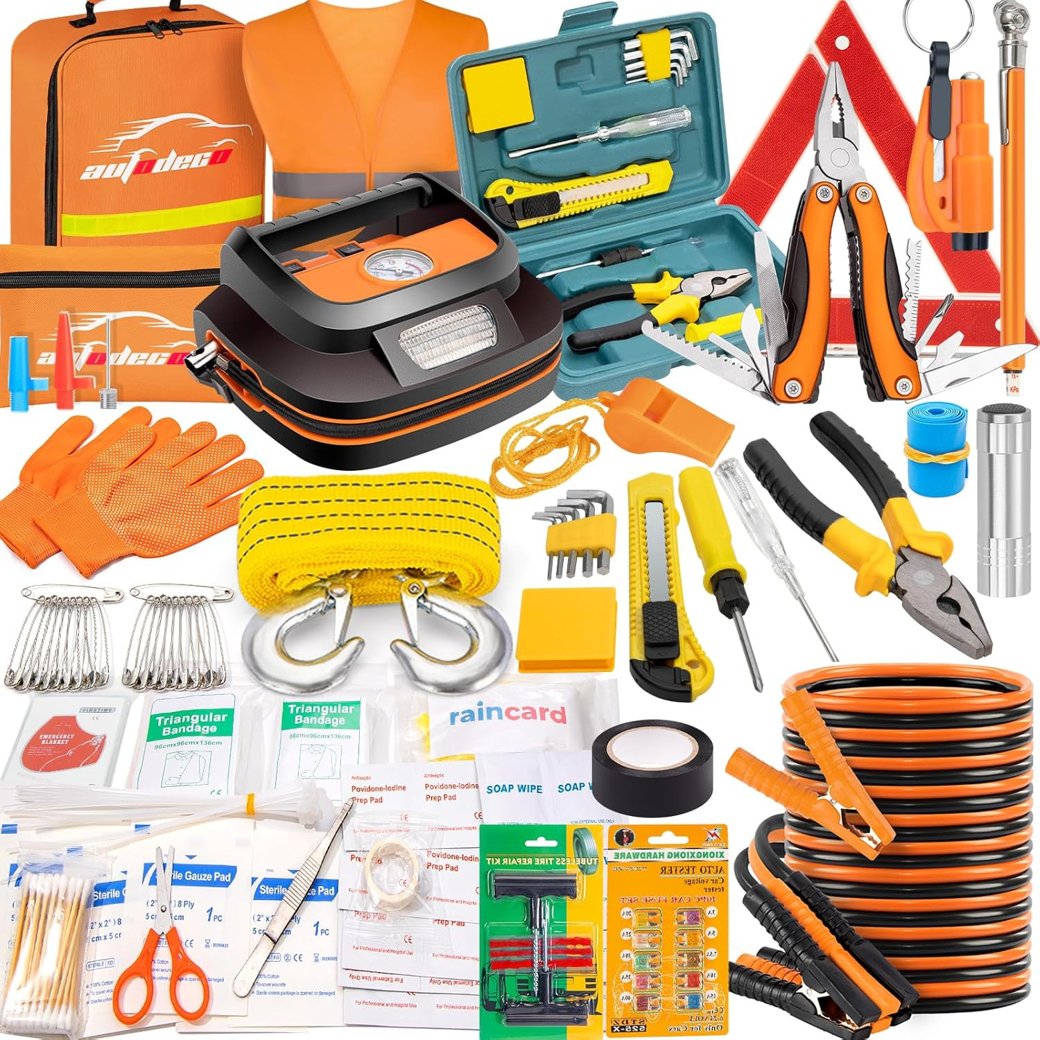 131 Pieces Car Emergency Safety Kit Bag with Air Compressor Jumper Cable First A