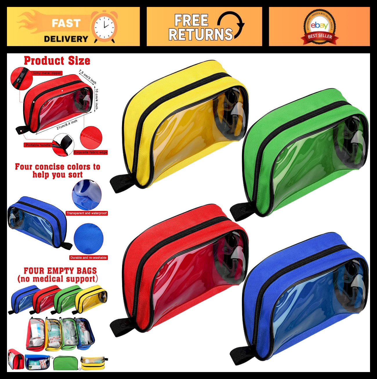 4 Pcs Color-Coded Empty First Aid Pouches – Zippered Medical Kit Storage Bags