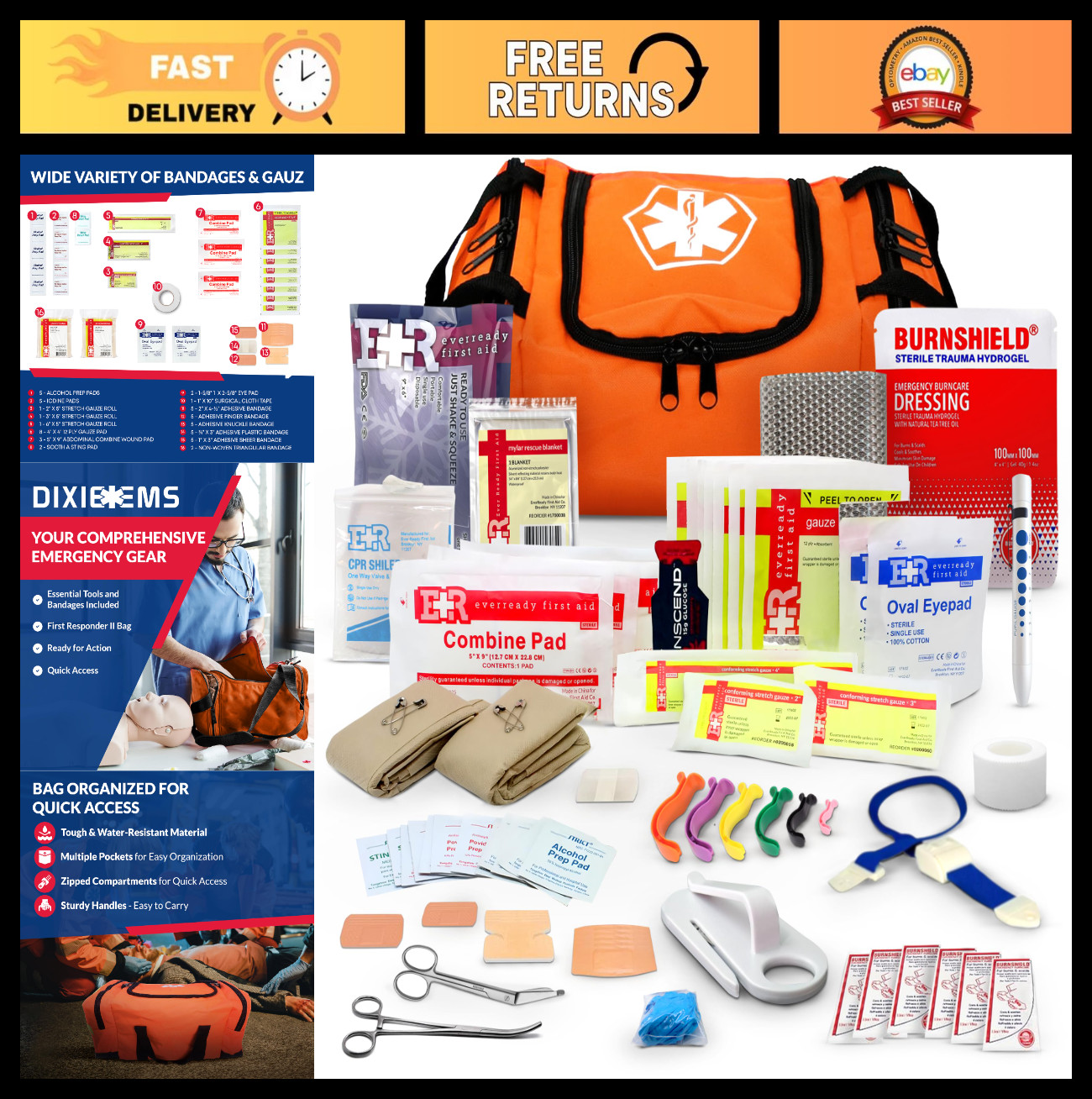 Comprehensive Trauma First Aid Kit – First Responder Bag with Tools, Gauze, Band