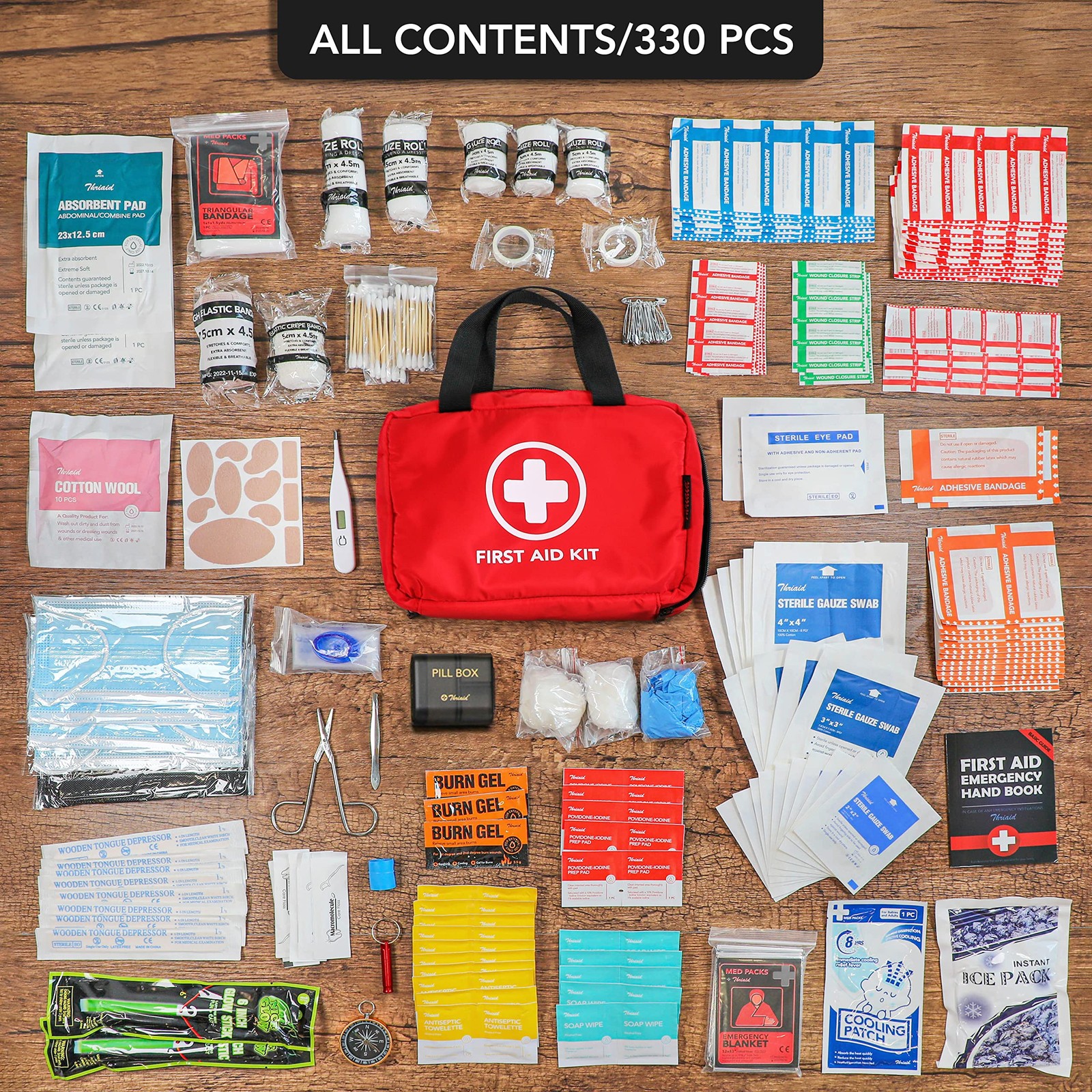 330 Piece First Aid Kit, Premium Waterproof Compact Trauma 330 Pieces, Red