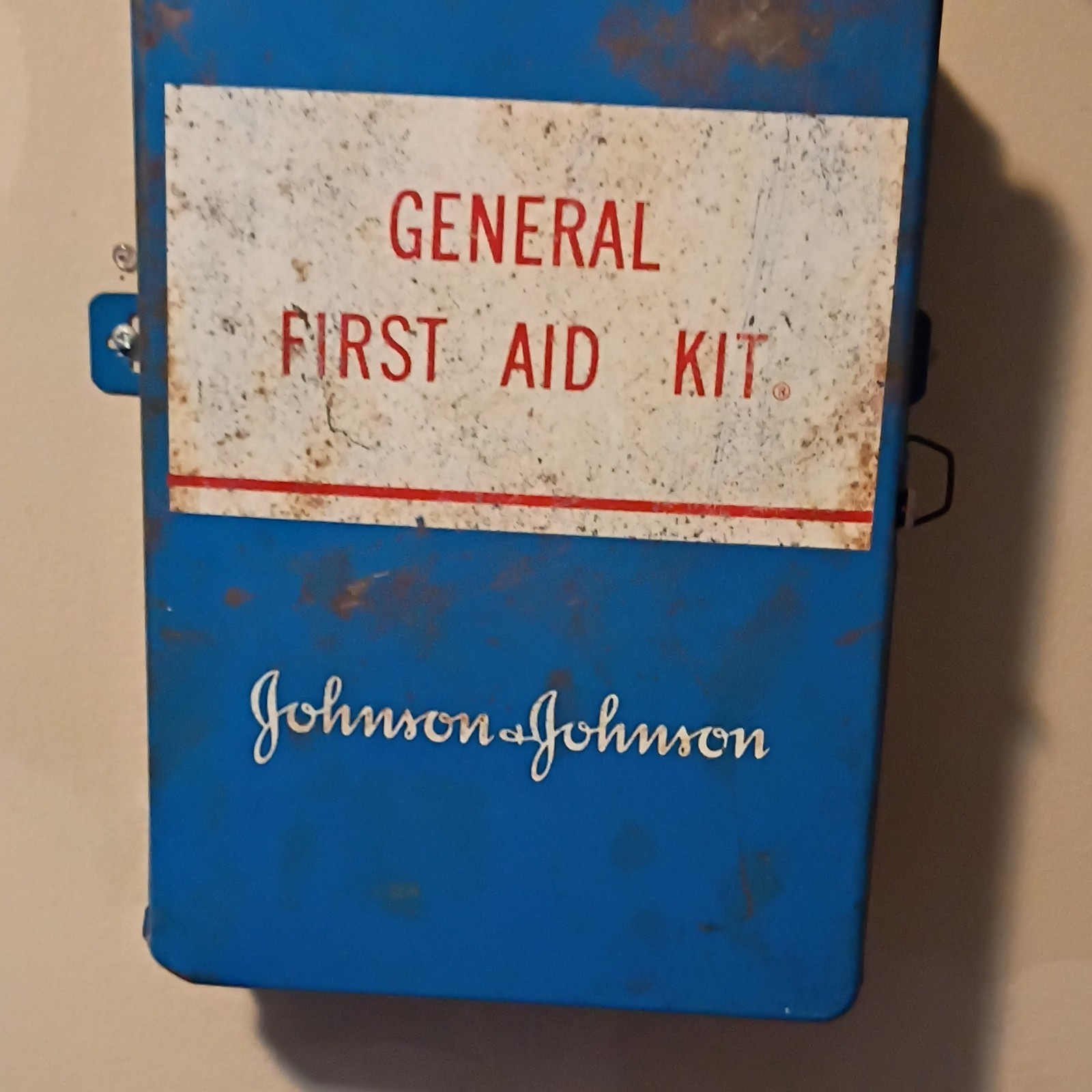 Vintage Johnson & Johnson First Aid Kit with Blue Metal shelves