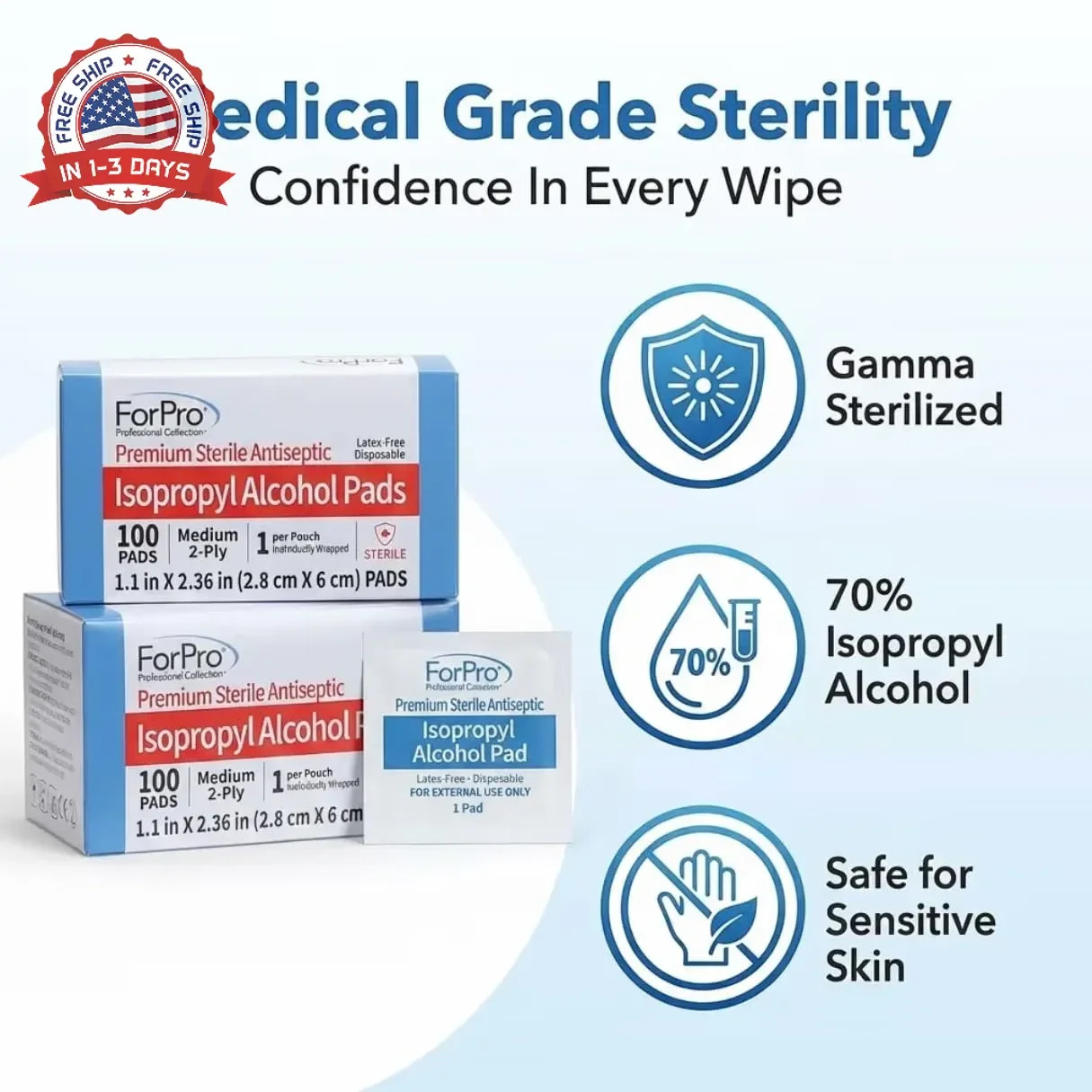 ForPro Alcohol Prep Pads, 200-Count Sterile Alcohol Wipes Individually Wrapped,