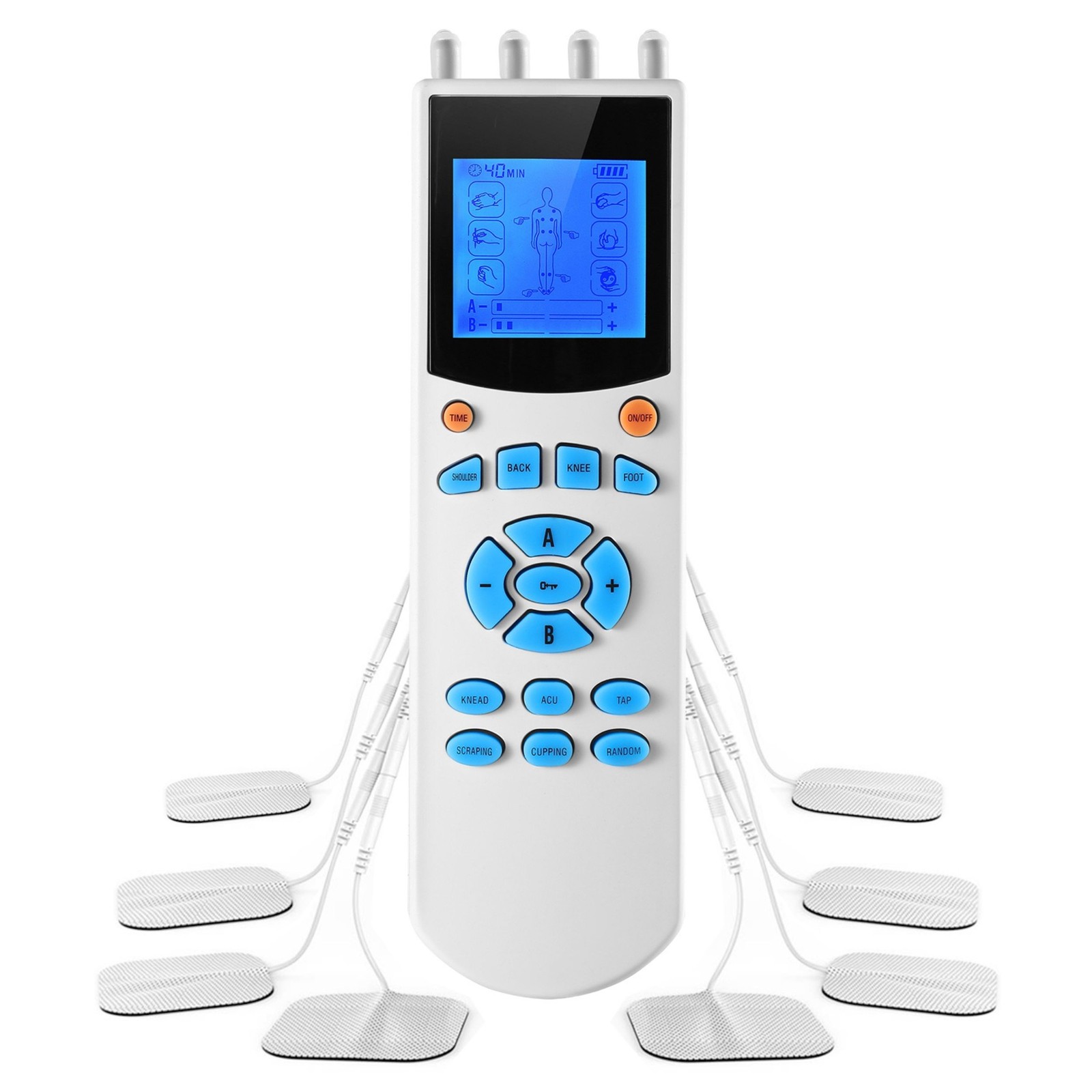 10 Mode TENS Unit Muscle Stimulator 4 Outputs 8 Electrode Pads