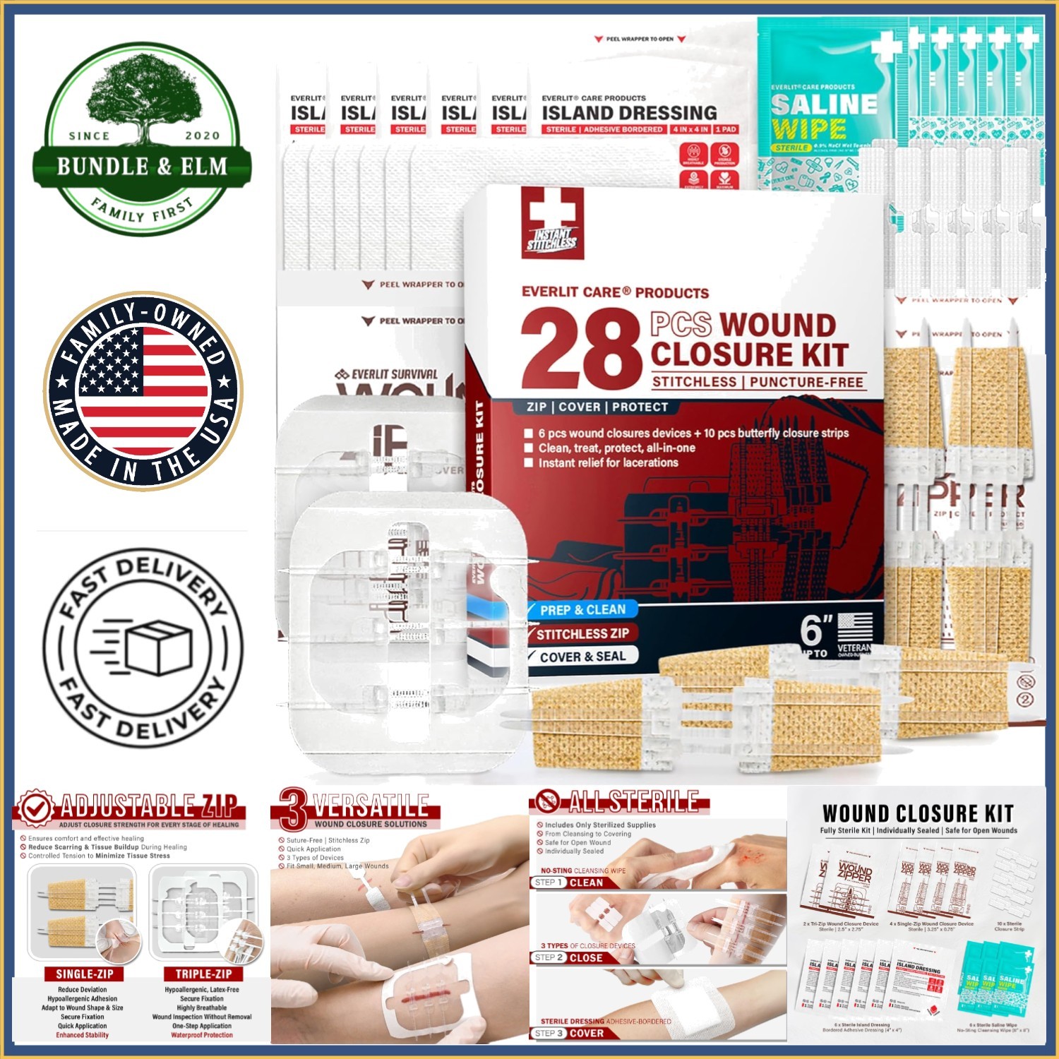 First Aid Wound Closure Kit with Butterfly Bandages and Zip Closure Devices