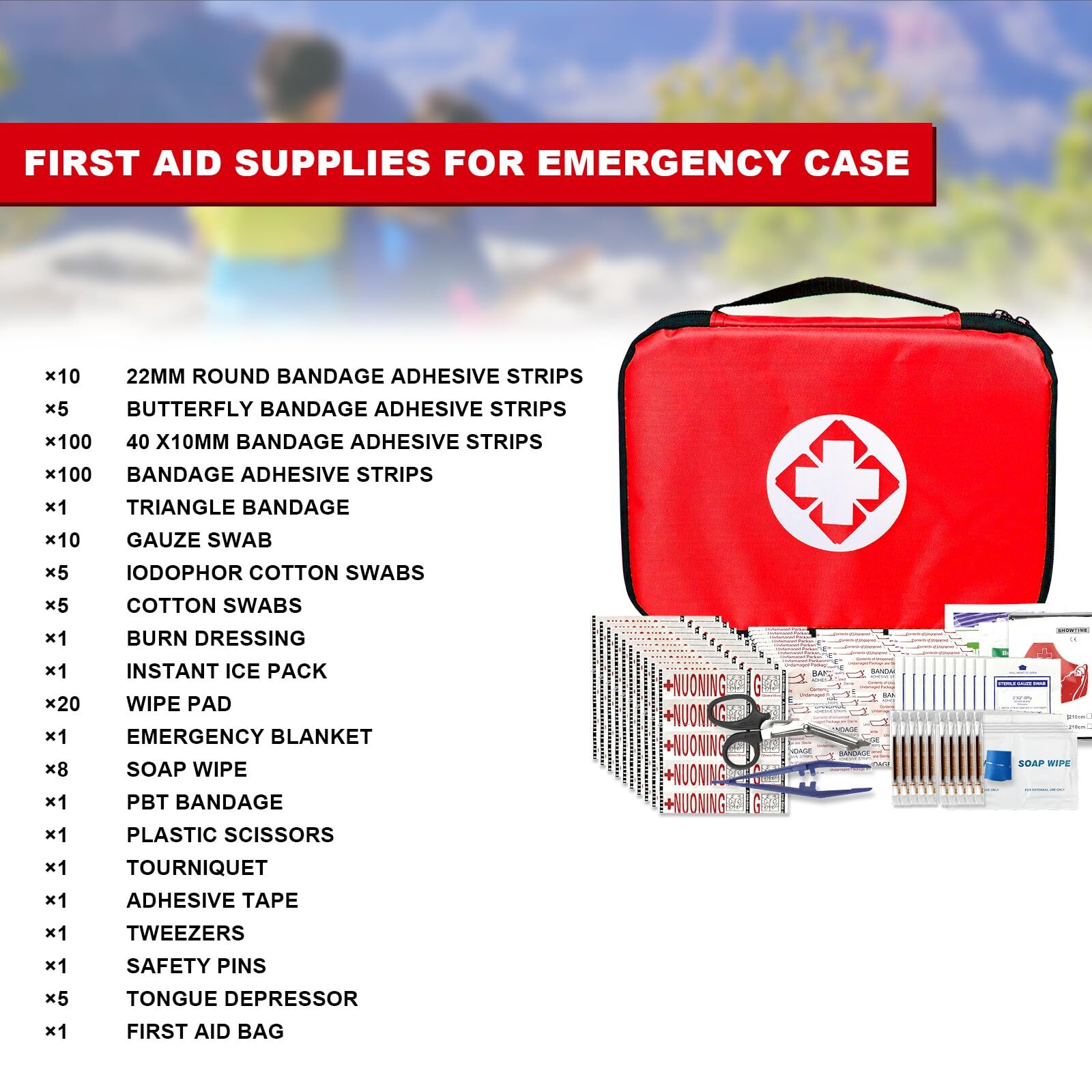 Compact 300 Piece Red First Aid Kit for Home Travel Sports Hiking Emergencies