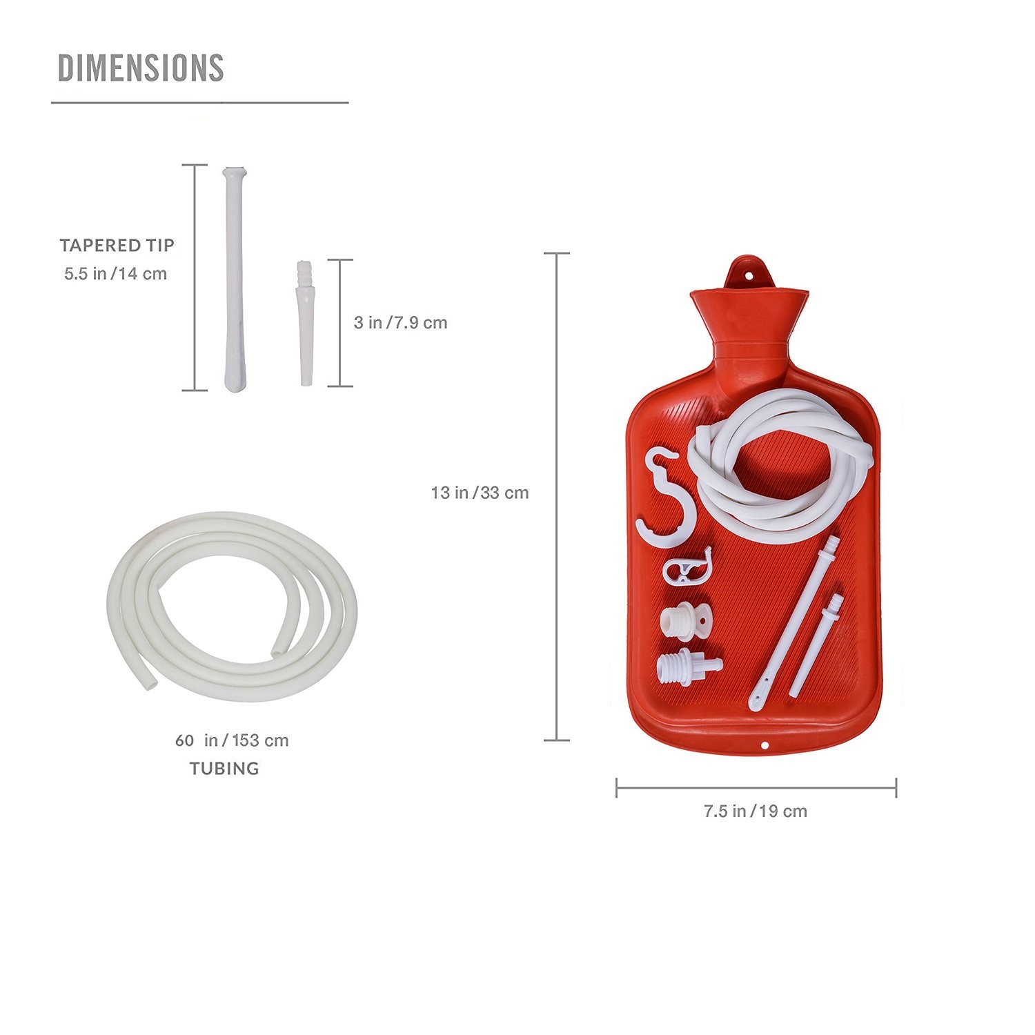 Rubber Douche / Enema Bag, Hot Water Bottle Combination 7 Piece Set, Red