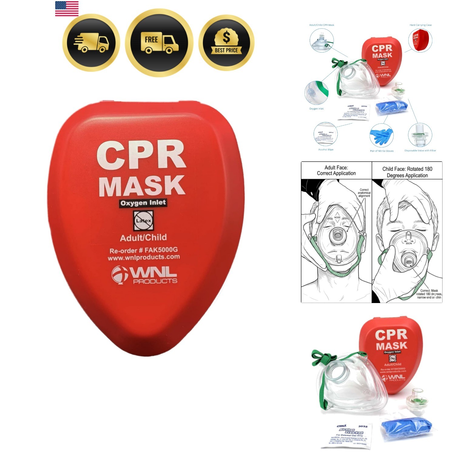 CPR Rescue Mask, Adult/Child Pocket Resuscitator, Hard Case Kit with Belt Clip