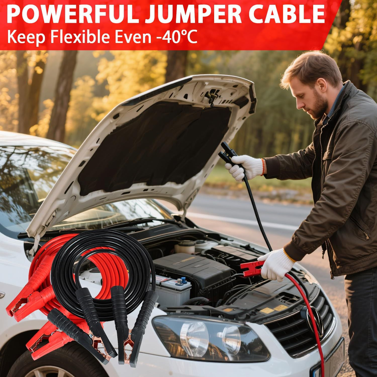 Car Emergency Roadside Tool Kit with Jumper Cable Black Red Accents
