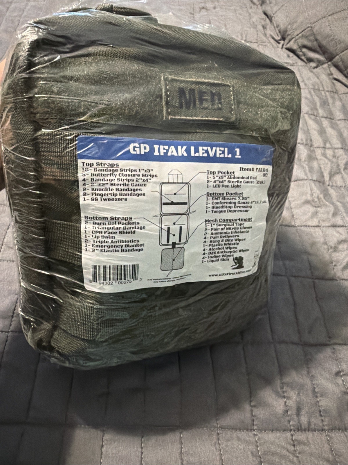 Elite First Aid GP IFAK Level 1 Kit w/ Molle & Rip-Away Back for Auto Head Rest