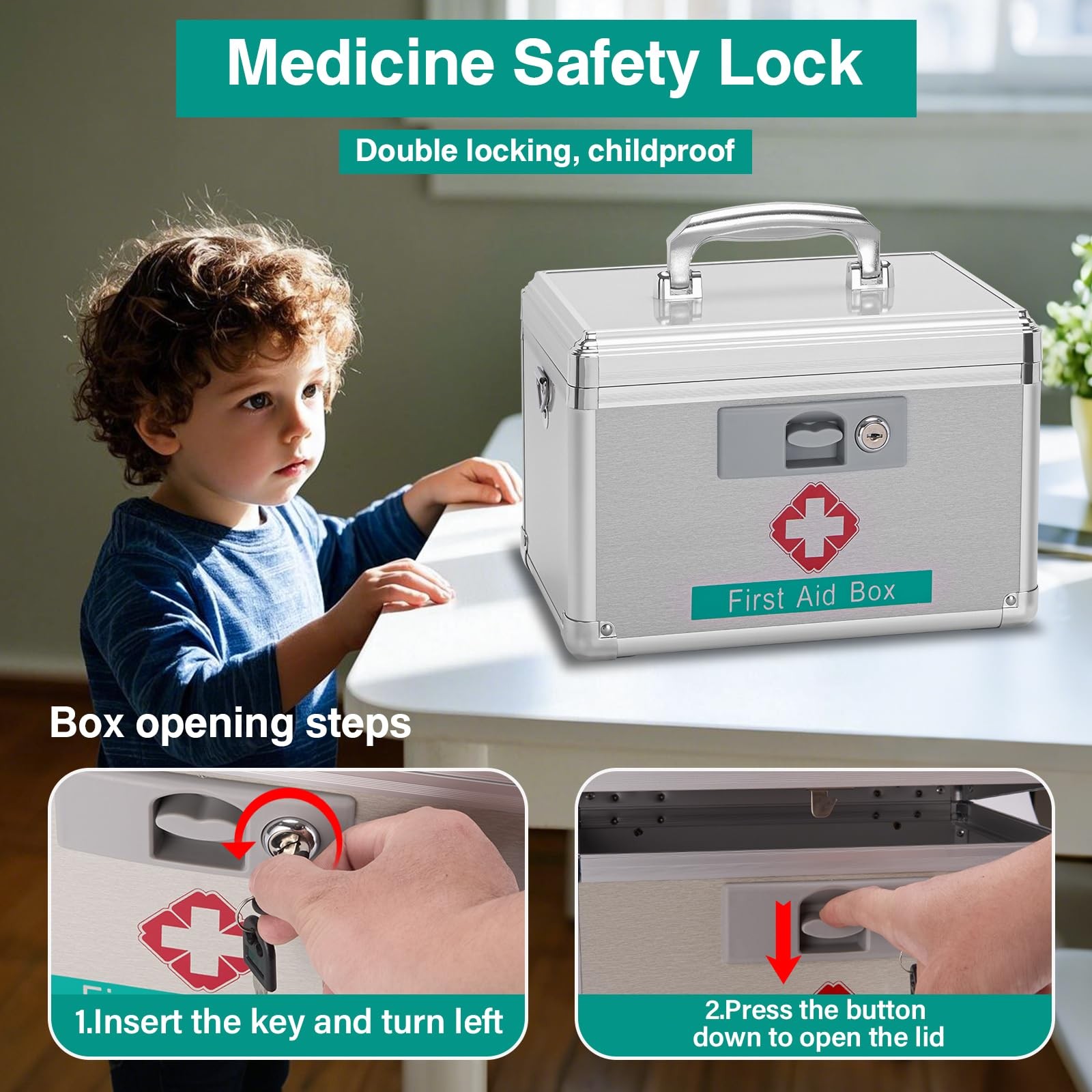 Metal Medicine Storage Box with Key, 10 x 6 x 6.7” First Aid Small, Silver